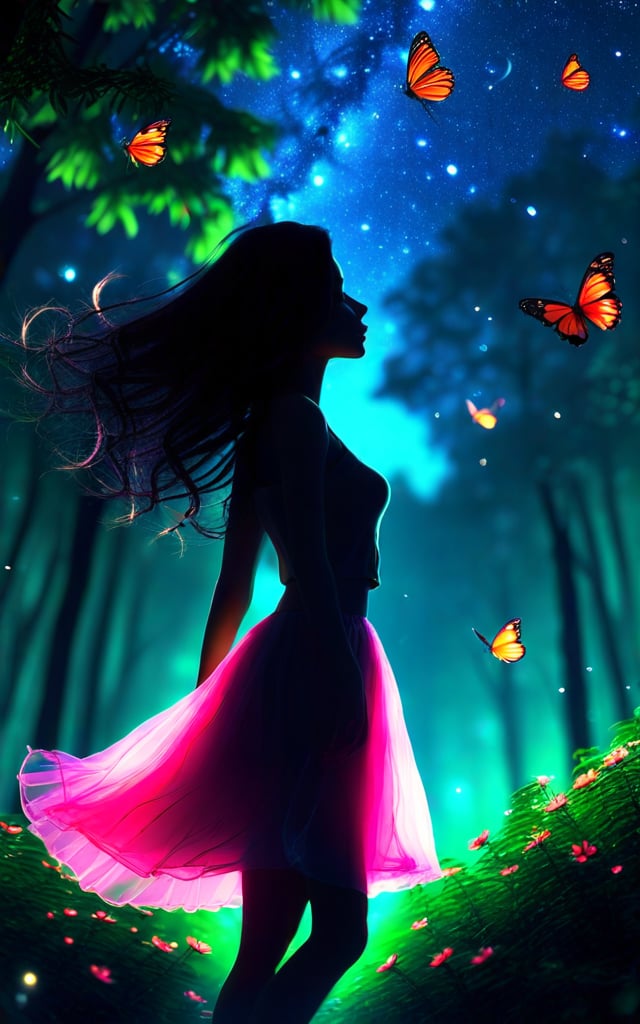 Masterpiece, photorealistic, hyper-detailed, 8K resolution. Side view of a black silhouette girl with long flowy hair and a skirt, set in a green forest at night with a starry sky. Dynamic pose with glowing butterflies and flowers. Cinematic lighting, saturated neon colors, volumetric lighting, ultra-realistic textures, sharp focus, and professional photography.