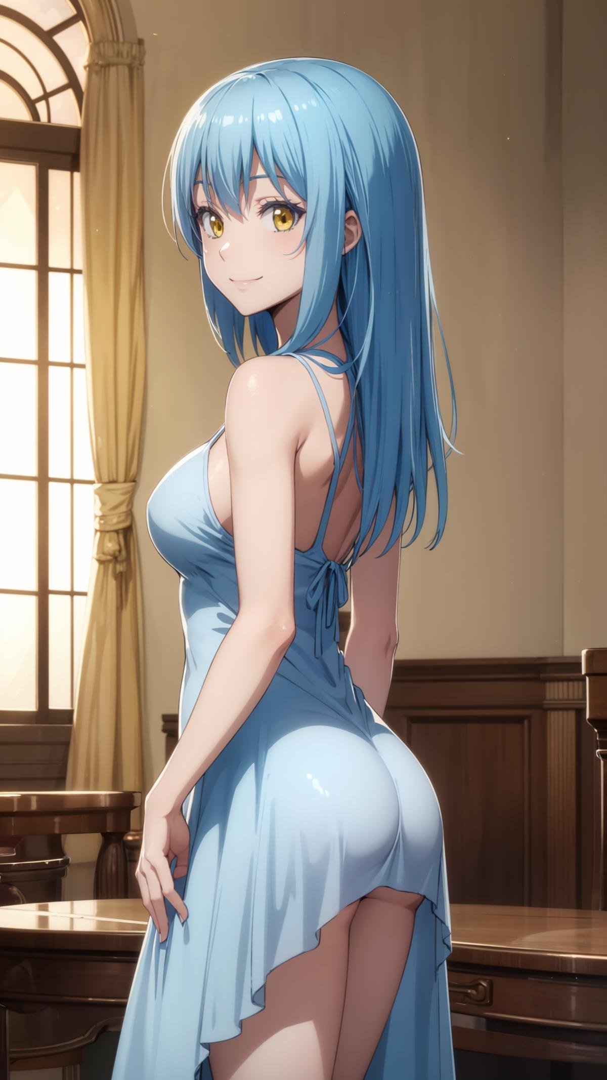 (masterpiece, best quality),ray tracing,absurdres, HDR,rimuru tempest, asexual, , solo, blue hair, yellow eyes,ass, 1girl, smile, , indoors, standing, dress, from side,breasts, <lora:rimuru 2in1_m+a:0.7>