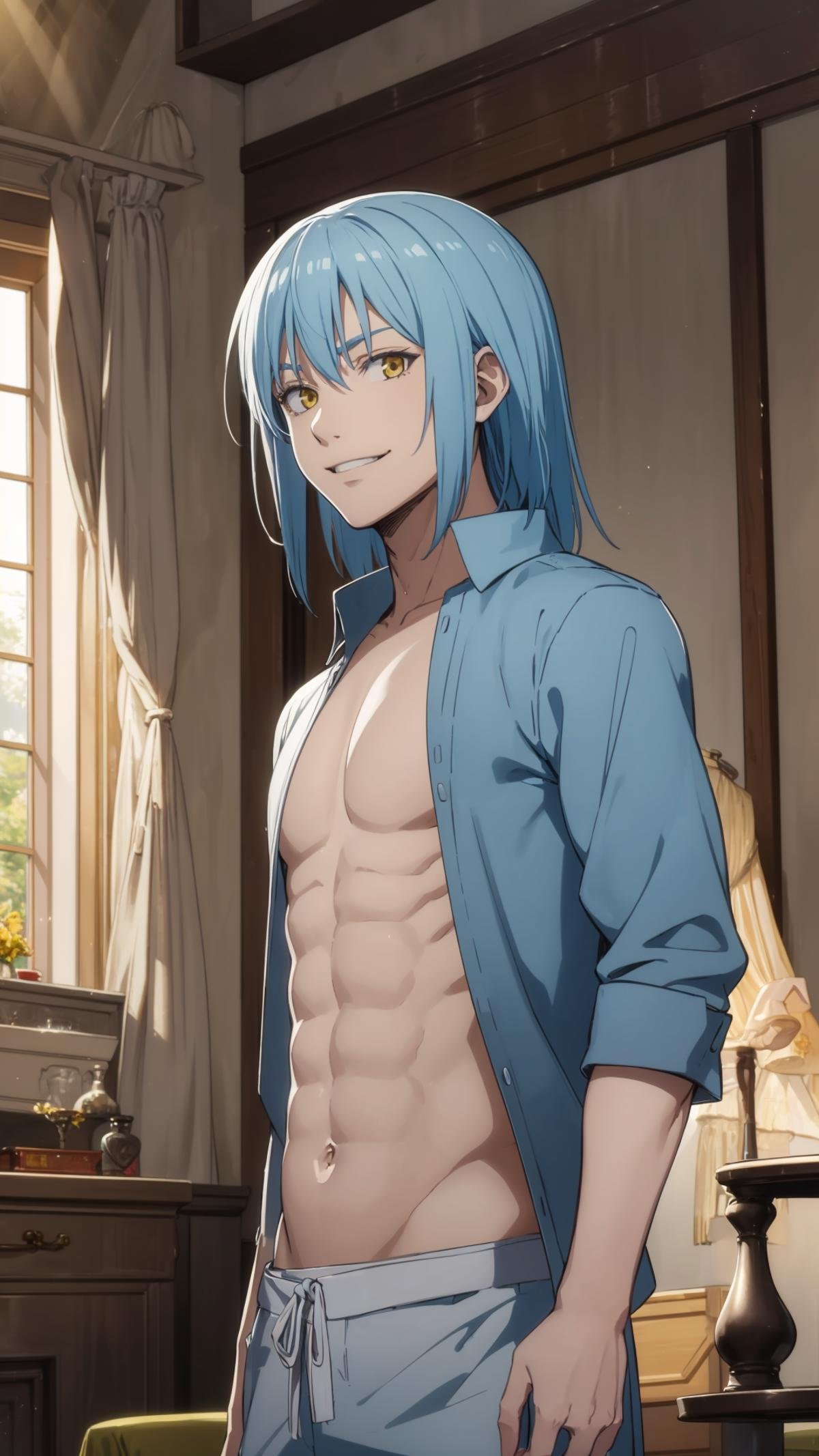 (masterpiece, best quality),ray tracing,absurdres, HDR,rimuru tempest, male, , solo, blue hair, yellow eyes,, 1boy, male focus,smile, , indoors, standing,<lora:rimuru 2in1_m+a:0.7> 