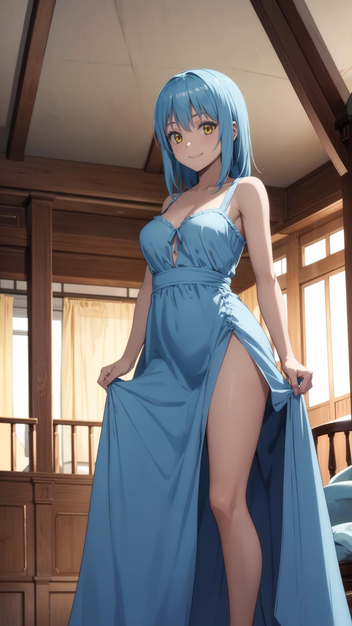 (masterpiece, best quality),ray tracing,absurdres, HDR,rimuru tempest, asexual, , solo, blue hair, yellow eyes,, 1girl, smile, , indoors, standing, dress, ,breasts, <lora:rimuru 2in1_m+a:0.7>