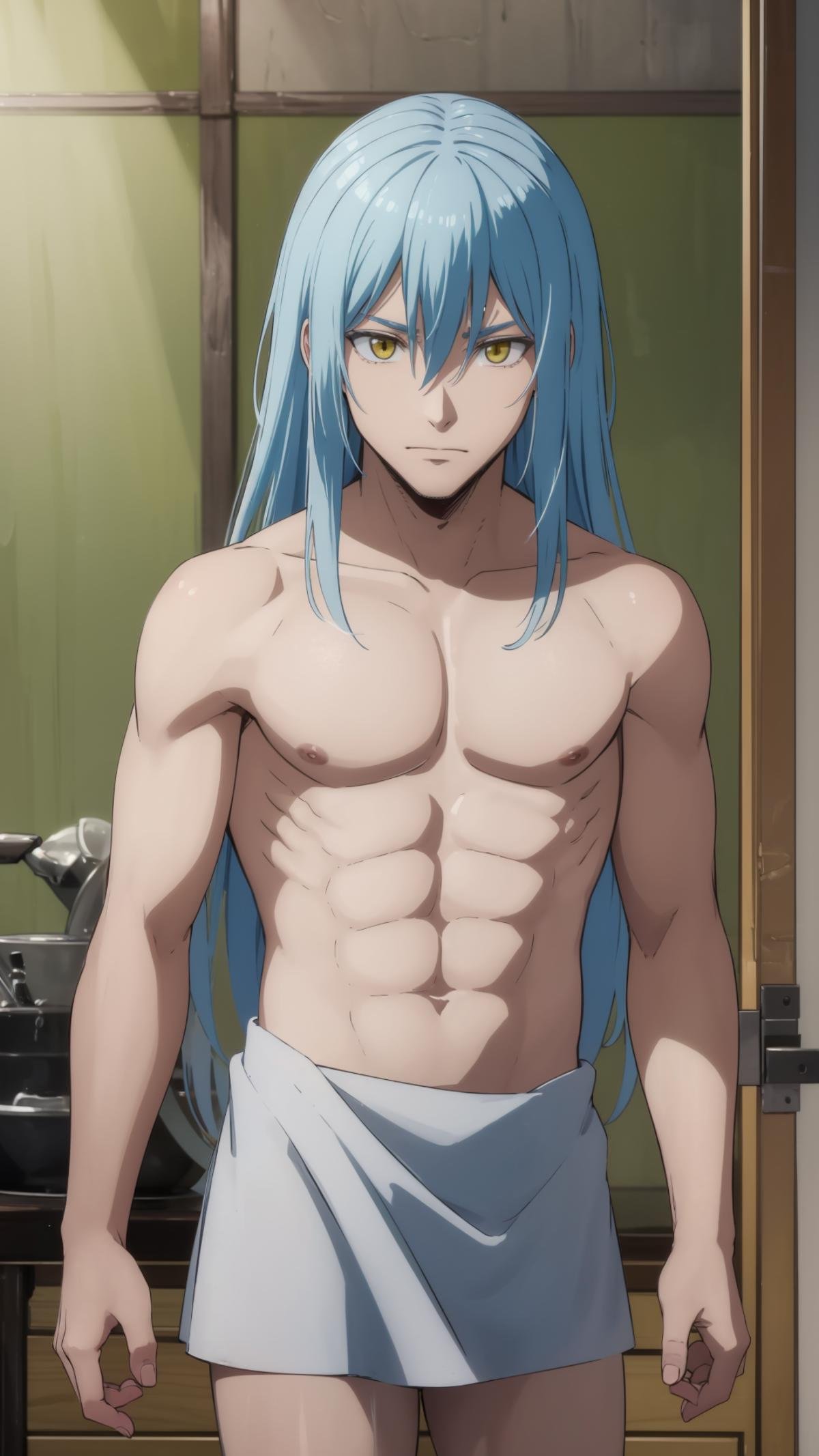 (masterpiece, best quality),ray tracing,absurdres, HDR,1boy,rimuru tempest, male, naked towel,long hair, yellow eyes, solo, blue hair,  closed mouth, hair between eyes, collarbone, looking at viewer, male focus, bangs cowboy shot,<lora:rimuru 2in1_m+a:0.7> <lora:naked_towel_v0.1:1> 