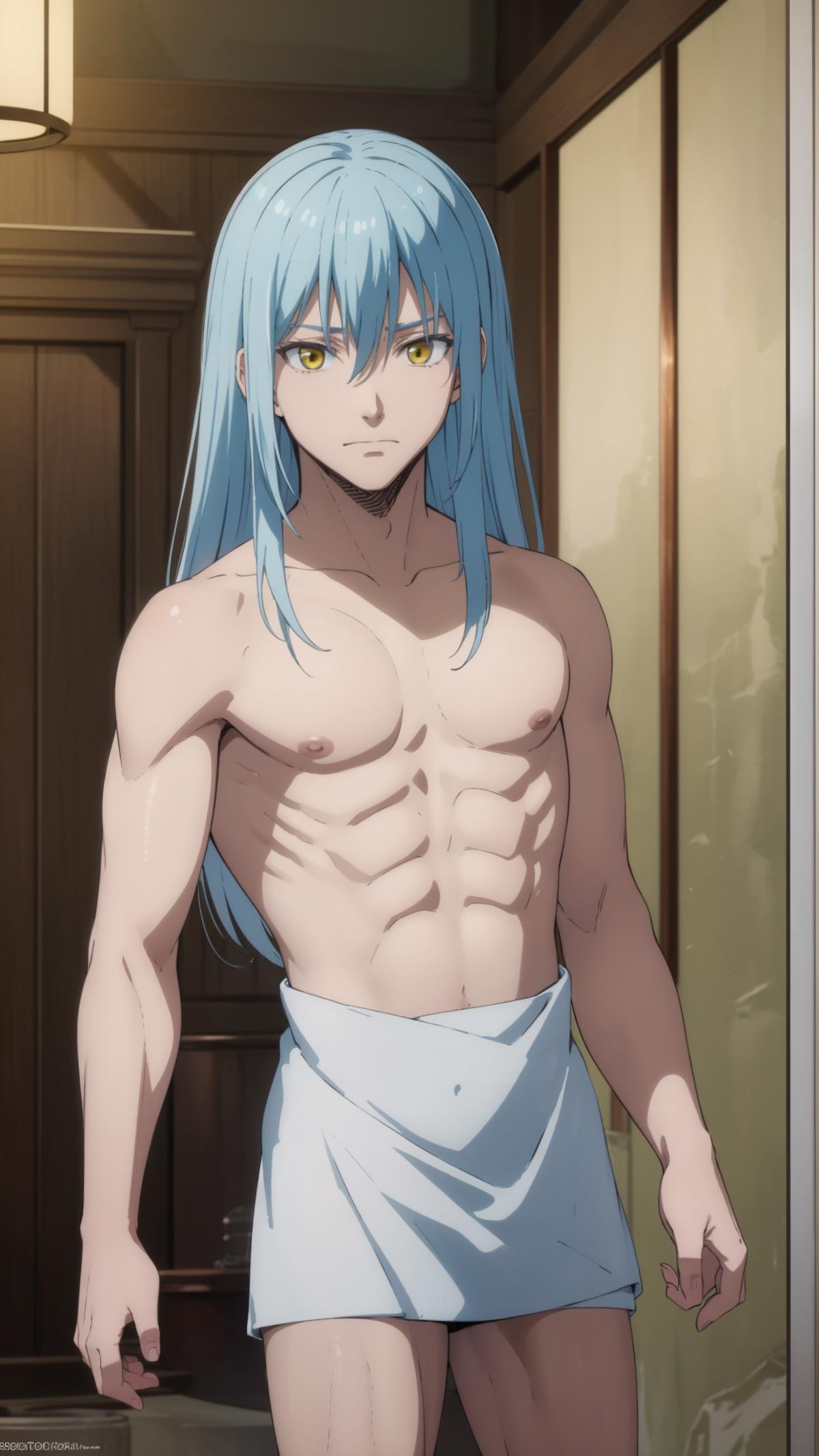 (masterpiece, best quality),ray tracing,absurdres, HDR,1boy,rimuru tempest, male, naked towel,long hair, yellow eyes, solo, blue hair,  closed mouth, hair between eyes, collarbone, looking at viewer, male focus, bangs cowboy shot,<lora:rimuru 2in1_m+a:0.7> <lora:naked_towel_v0.1:1> 