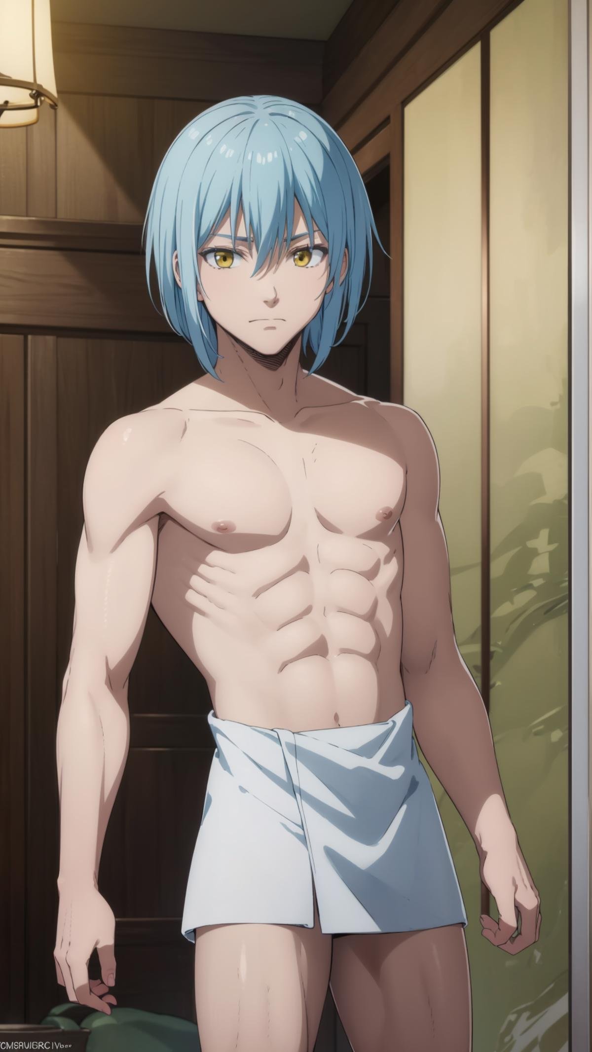 (masterpiece, best quality),ray tracing,absurdres, HDR,1boy,rimuru tempest, male, naked towel,short hair, yellow eyes, solo, blue hair,  closed mouth, hair between eyes, collarbone, looking at viewer, male focus, bangs cowboy shot,<lora:rimuru 2in1_m+a:0.7> <lora:naked_towel_v0.1:1> 