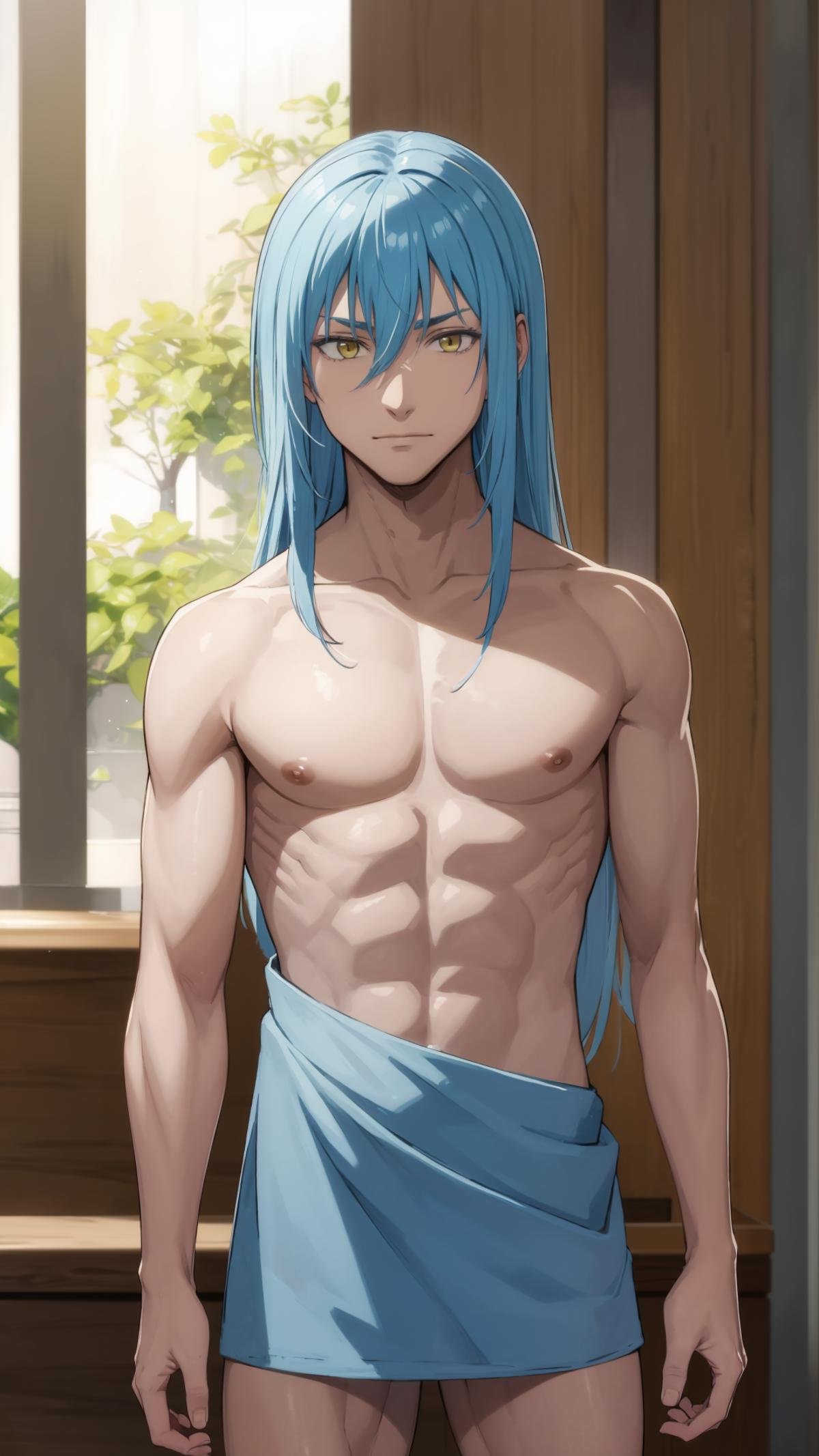 (masterpiece, best quality),ray tracing,absurdres, HDR,1boy,rimuru tempest, male, naked towel,long hair, yellow eyes, solo, blue hair,  closed mouth, hair between eyes, collarbone, looking at viewer, male focus, bangs cowboy shot,<lora:rimuru 2in1_m+a:0.7> <lora:naked_towel_v0.1:1> 