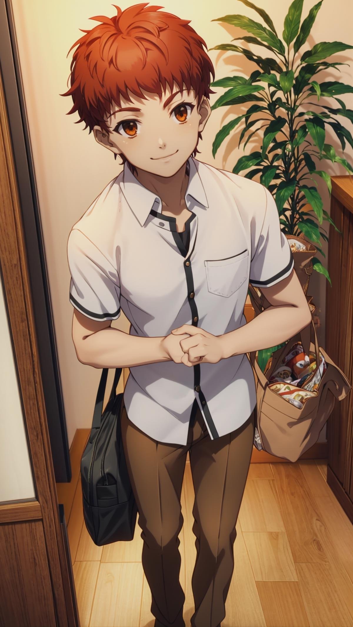 (masterpiece, best quality), ray tracing, absurdres, HDR,emiya shirou, 1boy, solo, male focus, school uniform, bag, smile, standing, red hair, shirt, plant, brown eyes, brown pants, white shirt, pants, orange hair<lora:Shirou Emiya:0.7>