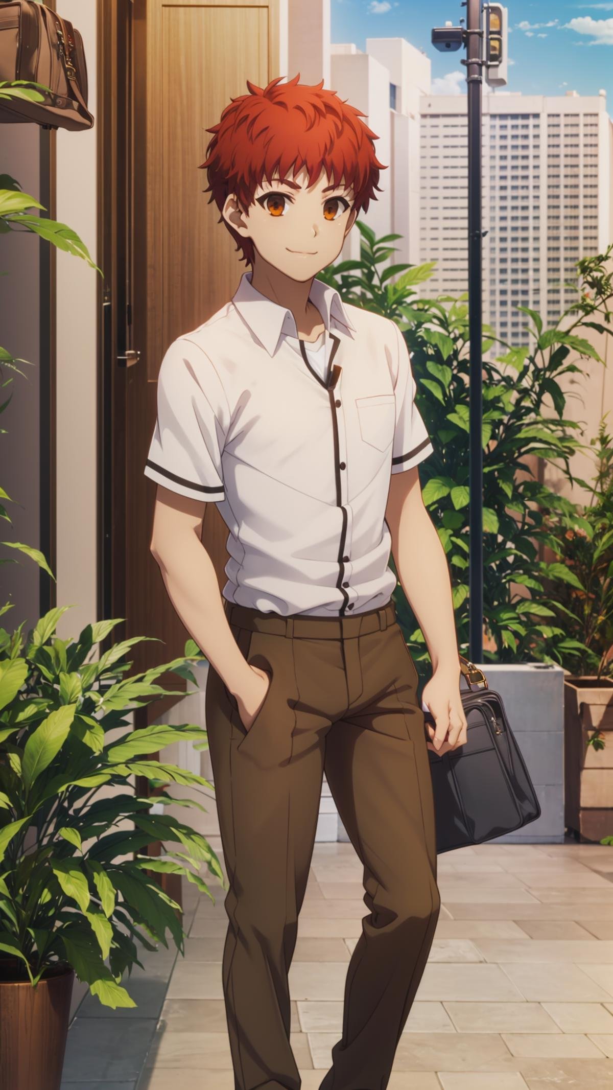 (masterpiece, best quality), ray tracing, absurdres, HDR,emiya shirou, 1boy, solo, male focus, school uniform, bag, smile, standing, red hair, shirt, plant, brown eyes, brown pants, white shirt, pants, orange hair,loafers,looking at viewer,outdoors, sky,  <lora:Shirou Emiya:0.7>