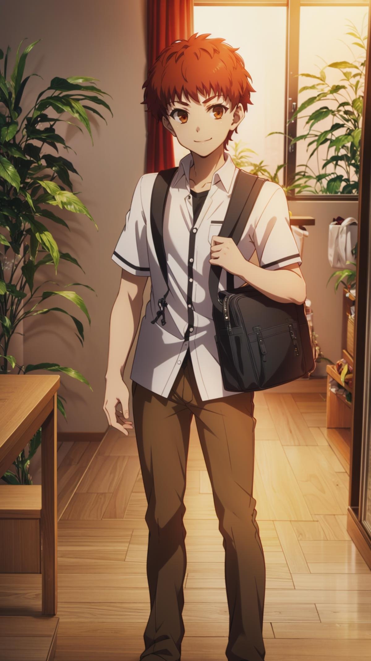 (masterpiece, best quality), ray tracing, absurdres, HDR,emiya shirou, 1boy, solo, male focus, school uniform, bag, smile, standing, red hair, shirt, plant, brown eyes, brown pants, white shirt, pants, orange hair,loafers,looking at viewer, <lora:Shirou Emiya:0.7>