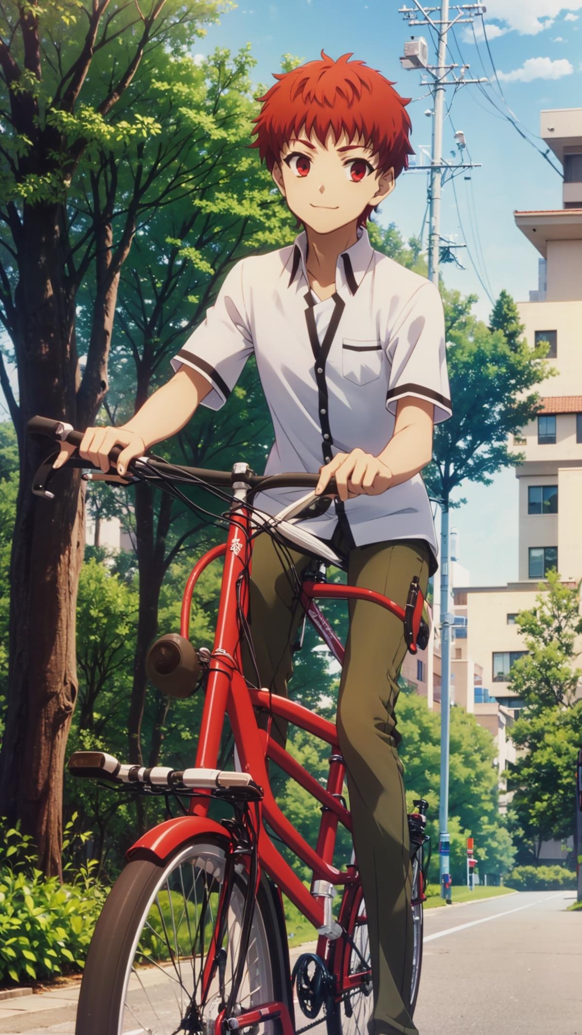 (masterpiece, best quality), ray tracing, absurdres, HDR,emiya shirou, bicycle, 1boy, male focus, solo, ground vehicle, school uniform, bag, bicycle basket, red hair, shirt, star (symbol), smile, outdoors, sky, white shirt, day, riding, pants, shoulder bag, brown pants, short sleeves, school bag, tree, power lines, collared shirt, red eyes <lora:Shirou Emiya:0.8>