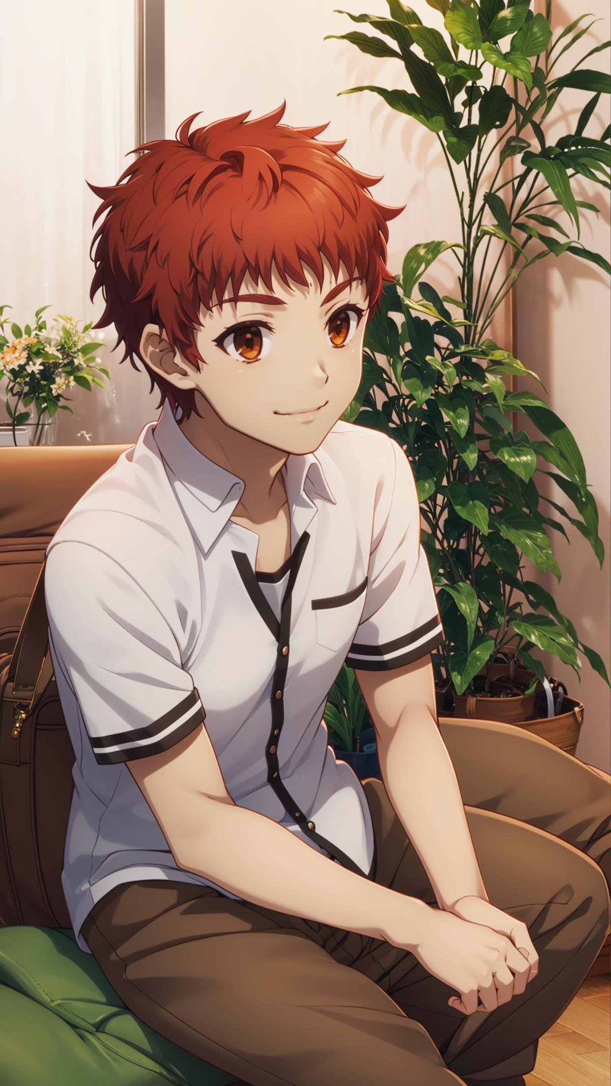 (masterpiece, best quality), ray tracing, absurdres, HDR,emiya shirou, 1boy, solo, male focus, school uniform, bag, smile, sitting, red hair, shirt, plant, brown eyes, brown pants, white shirt, pants, orange hair<lora:Shirou Emiya:0.7>