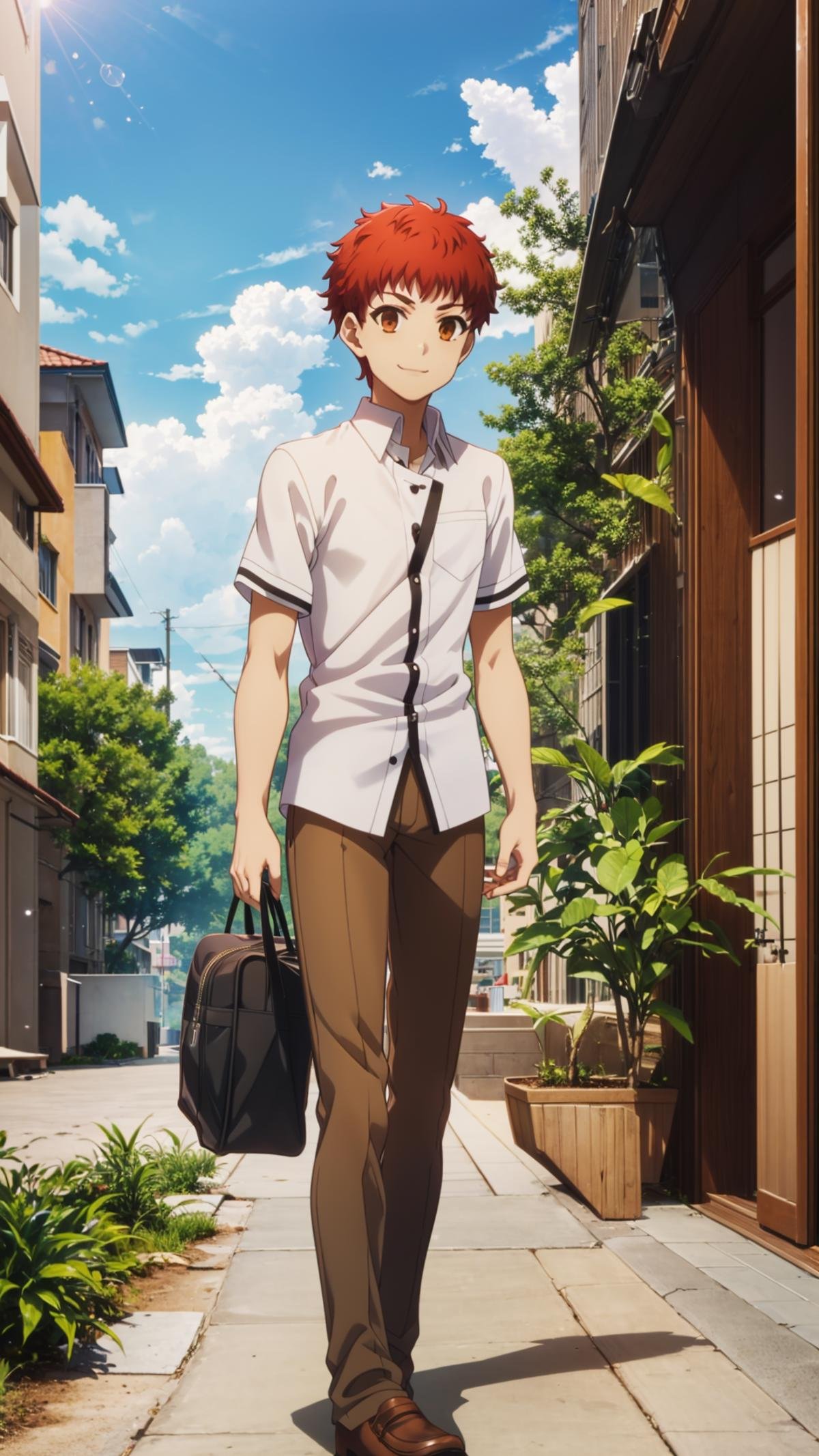 (masterpiece, best quality), ray tracing, absurdres, HDR,emiya shirou, 1boy, solo, male focus, school uniform, bag, smile, standing, red hair, shirt, plant, brown eyes, brown pants, white shirt, pants, orange hair,loafers,looking at viewer,outdoors, sky,  <lora:Shirou Emiya:0.7>