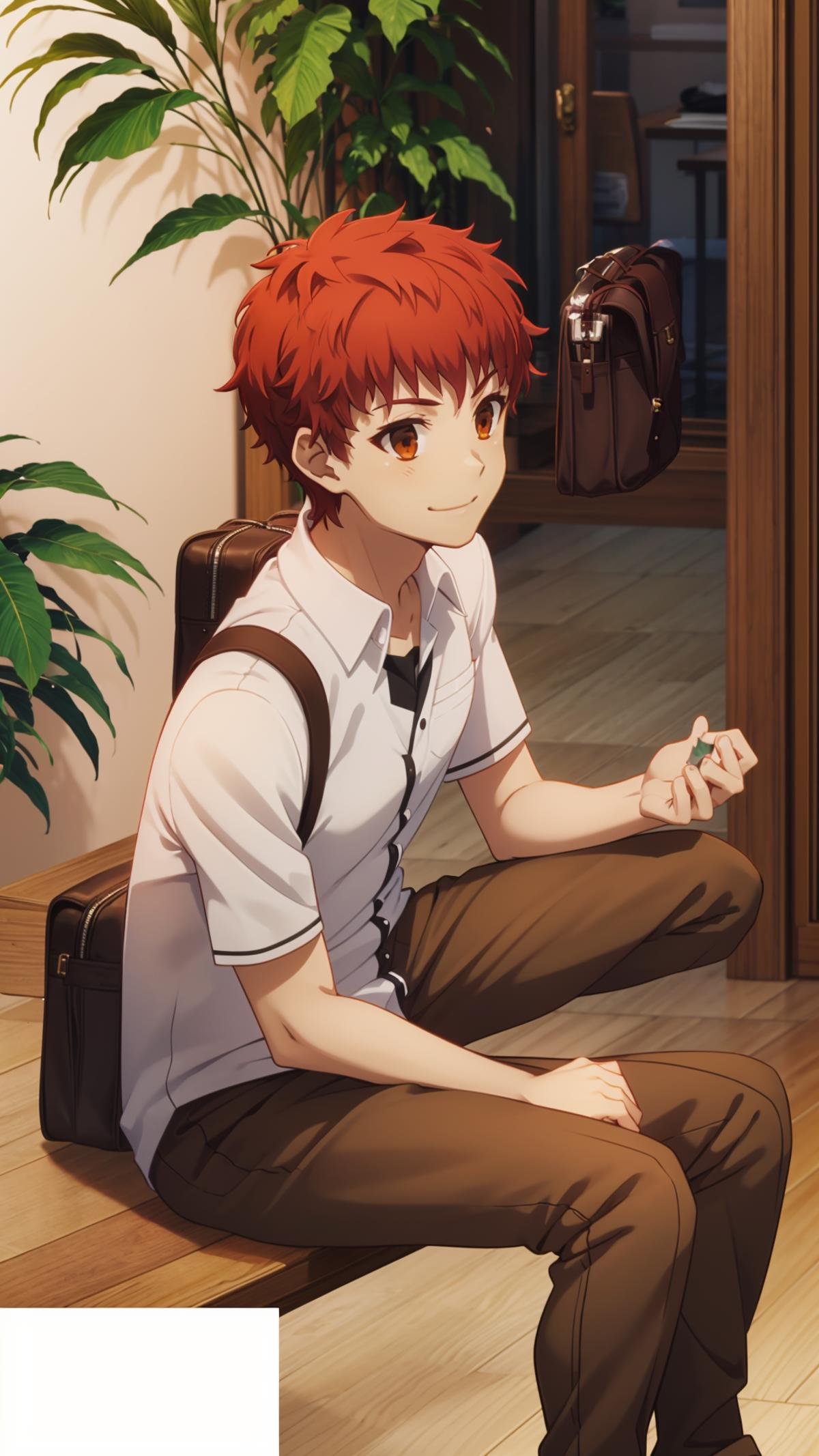 (masterpiece, best quality), ray tracing, absurdres, HDR,emiya shirou, 1boy, solo, male focus, school uniform, bag, smile, sitting, red hair, shirt, plant, brown eyes, brown pants, white shirt, pants, orange hair<lora:Shirou Emiya:0.7>