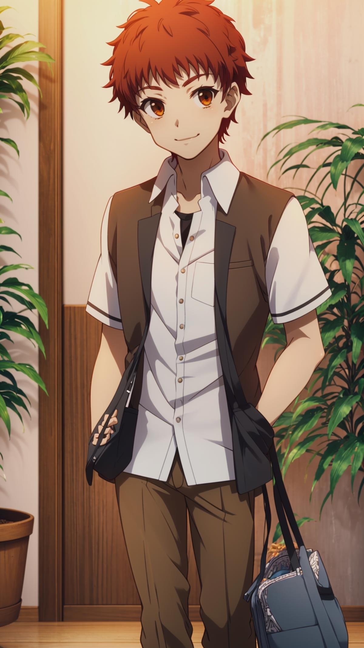 (masterpiece, best quality), ray tracing, absurdres, HDR,emiya shirou, 1boy, solo, male focus, school uniform, bag, smile, standing, red hair, shirt, plant, brown eyes, brown pants, white shirt, pants, orange hair<lora:Shirou Emiya:0.7>