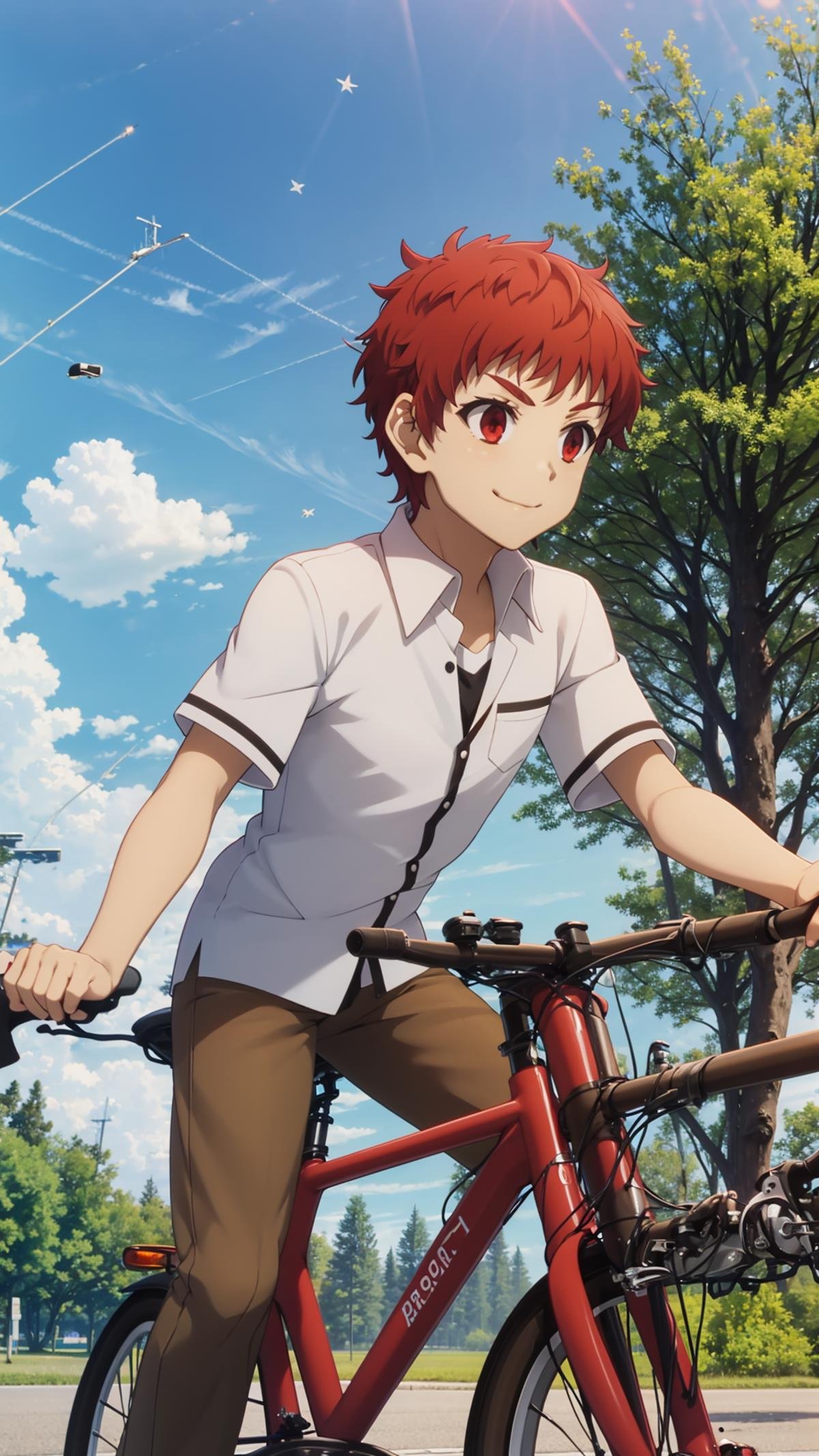 (masterpiece, best quality), ray tracing, absurdres, HDR,emiya shirou, bicycle, 1boy, male focus, solo, ground vehicle, school uniform, bag, bicycle basket, red hair, shirt, star (symbol), smile, outdoors, sky, white shirt, day, riding, pants, shoulder bag, brown pants, short sleeves, school bag, tree, power lines, collared shirt, red eyes <lora:Shirou Emiya:0.8>