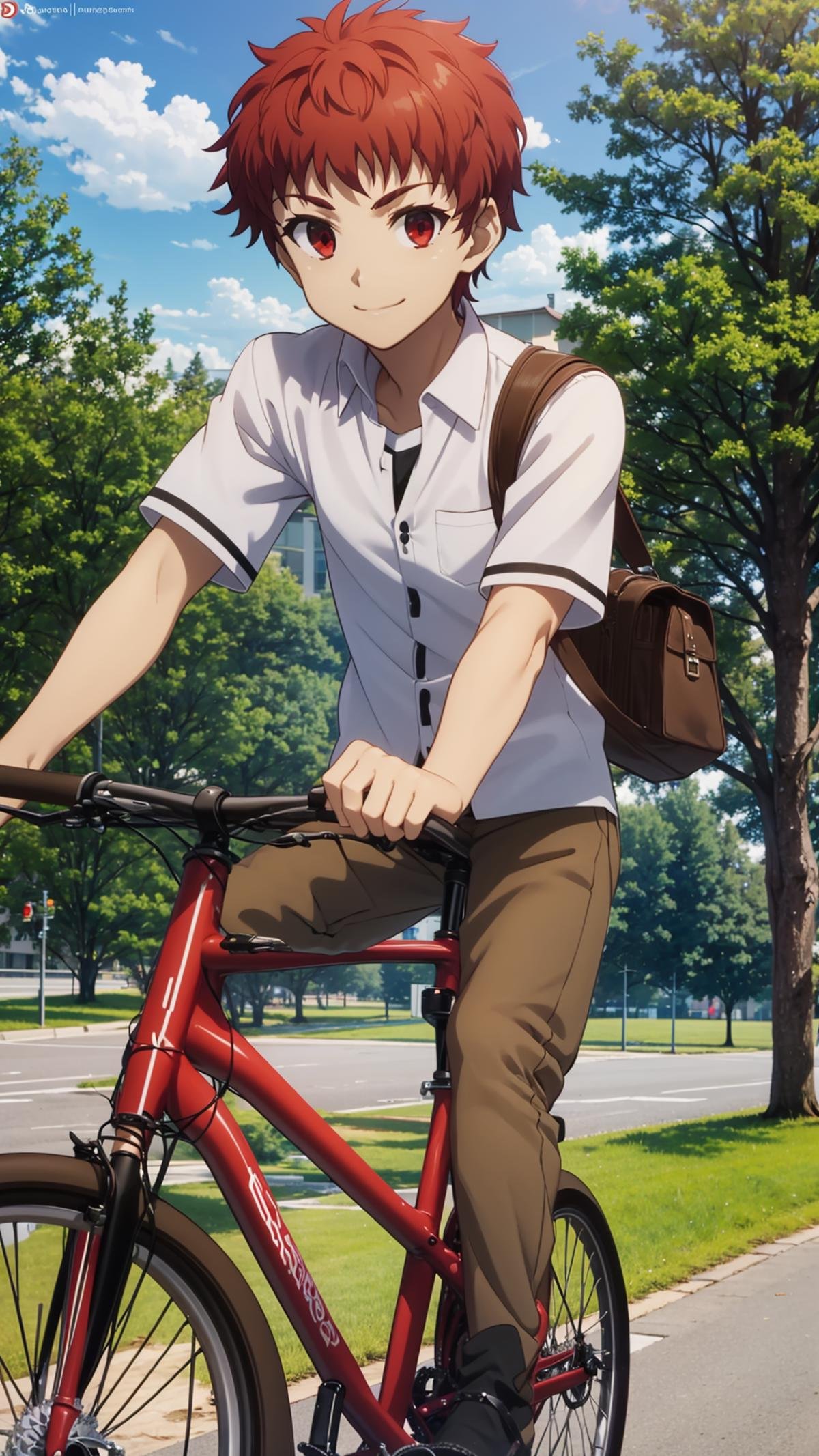 (masterpiece, best quality), ray tracing, absurdres, HDR,emiya shirou, bicycle, 1boy, male focus, solo, ground vehicle, school uniform, bag, bicycle basket, red hair, shirt, star (symbol), smile, outdoors, sky, white shirt, day, riding, pants, shoulder bag, brown pants, short sleeves, school bag, tree, power lines, collared shirt, red eyes <lora:Shirou Emiya:0.7>