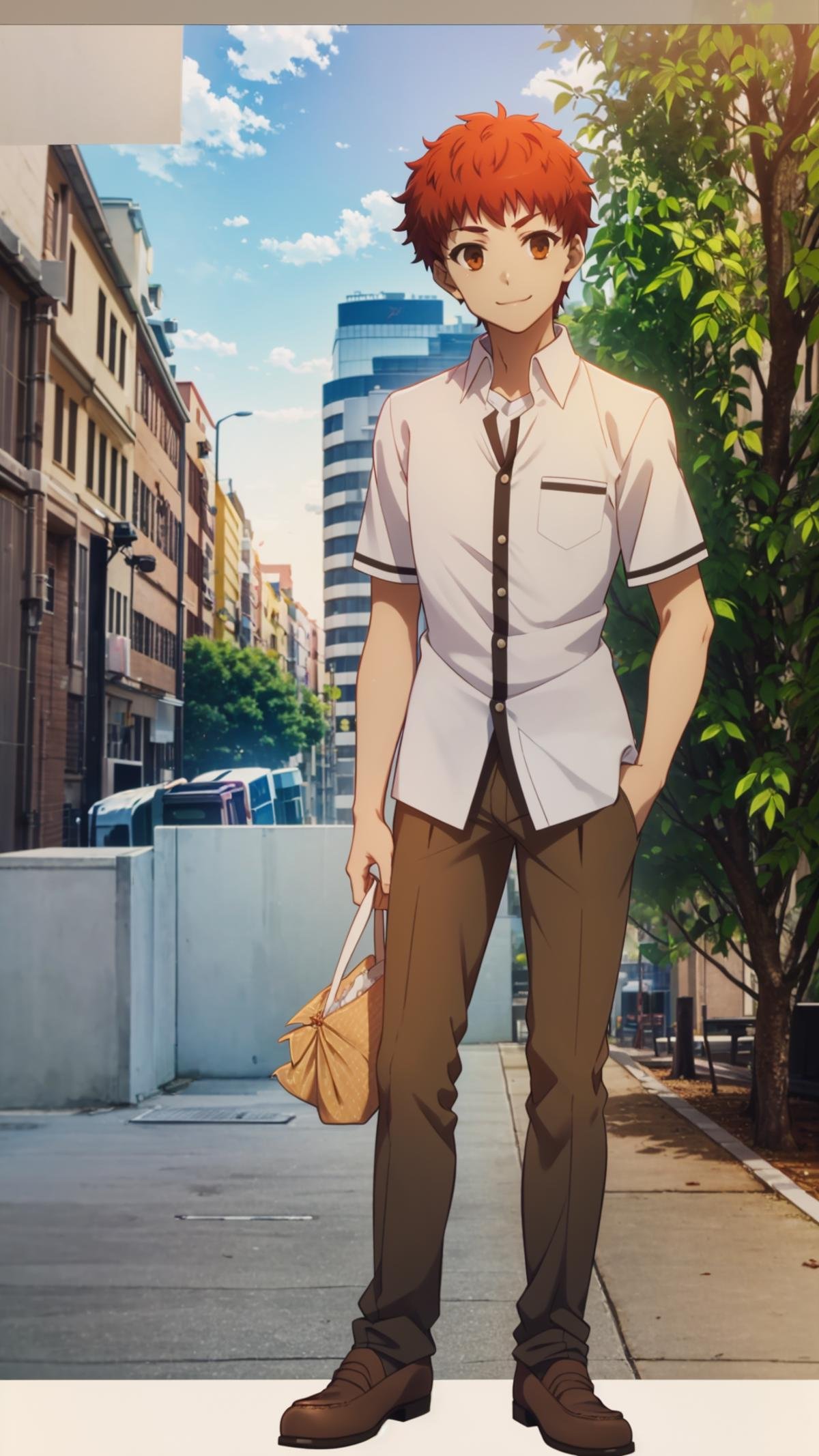 (masterpiece, best quality), ray tracing, absurdres, HDR,emiya shirou, 1boy, solo, male focus, school uniform, bag, smile, standing, red hair, shirt, plant, brown eyes, brown pants, white shirt, pants, orange hair,loafers,looking at viewer,outdoors, sky,  <lora:Shirou Emiya:0.7>