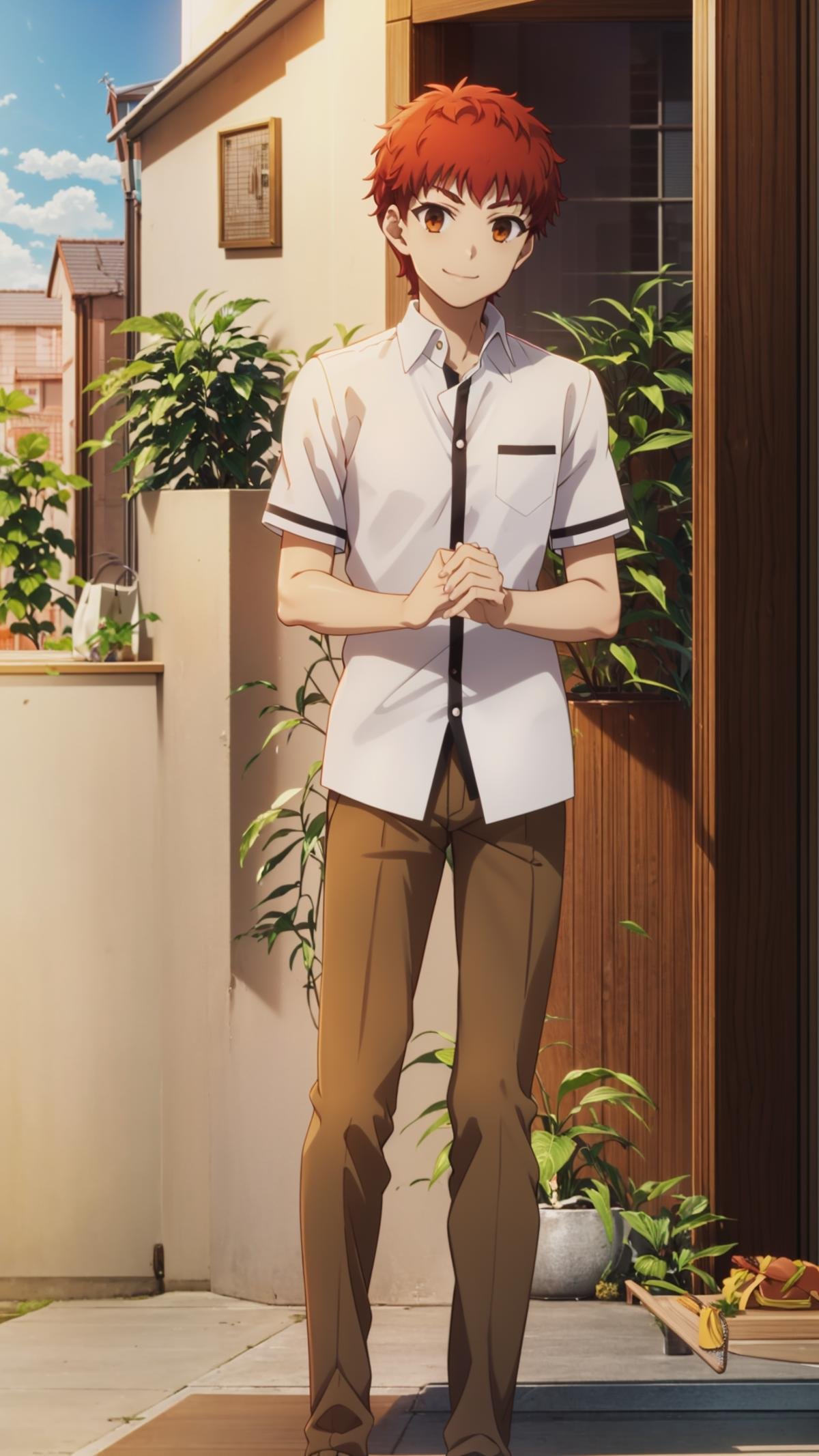 (masterpiece, best quality), ray tracing, absurdres, HDR,emiya shirou, 1boy, solo, male focus, school uniform, bag, smile, standing, red hair, shirt, plant, brown eyes, brown pants, white shirt, pants, orange hair,loafers,looking at viewer,outdoors, sky,  <lora:Shirou Emiya:0.7>