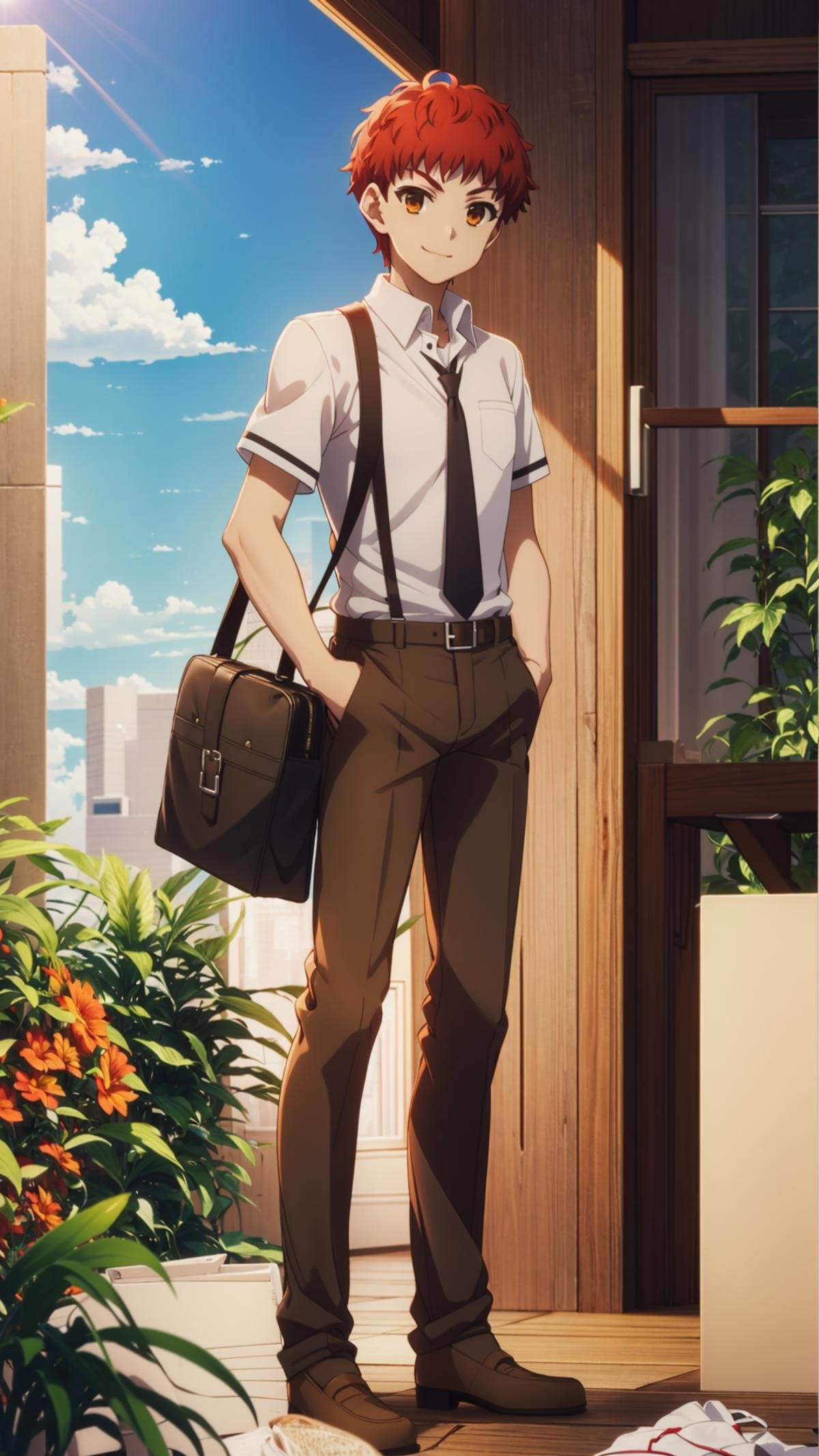 (masterpiece, best quality), ray tracing, absurdres, HDR,emiya shirou, 1boy, solo, male focus, school uniform, bag, smile, standing, red hair, shirt, plant, brown eyes, brown pants, white shirt, pants, orange hair,loafers,looking at viewer,outdoors, sky,  <lora:Shirou Emiya:0.7>