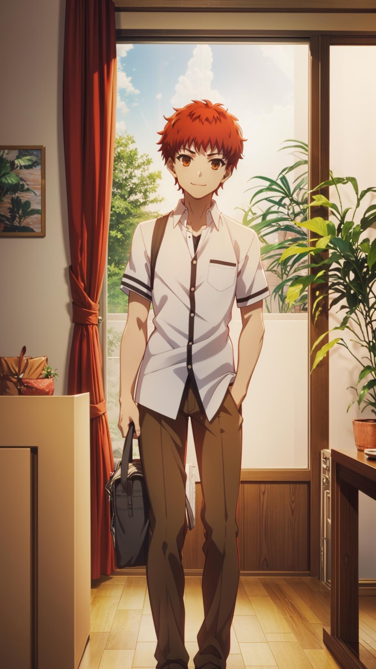 (masterpiece, best quality), ray tracing, absurdres, HDR,emiya shirou, 1boy, solo, male focus, school uniform, bag, smile, standing, red hair, shirt, plant, brown eyes, brown pants, white shirt, pants, orange hair,loafers,looking at viewer, <lora:Shirou Emiya:0.7>