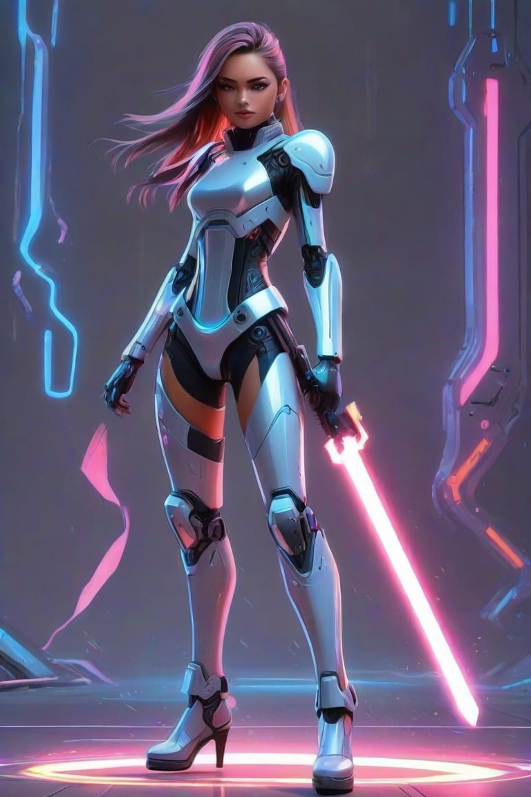 masterpiece, best quality, anime, anime style, Game character design, cyberpunk, full body, 1girl, solo, mecha, energy sword weapon, looking at viewer, gray background, FuturEvoLabMecha, FuturEvoLabGame, FuturEvoLabAnime, FuturEvoLabTaichi, FuturEvoLabCyberpunk