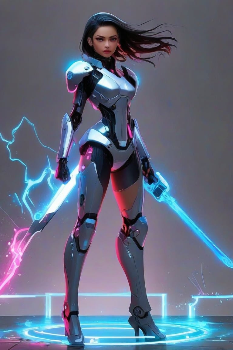 masterpiece, best quality, anime, anime style, Game character design, cyberpunk, full body, 1girl, solo, mecha, energy sword weapon, looking at viewer, gray background, FuturEvoLabMecha, FuturEvoLabGame, FuturEvoLabAnime