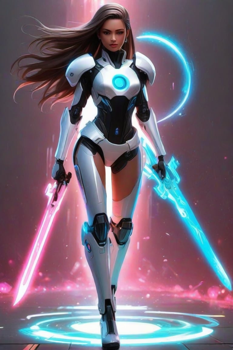 masterpiece, best quality, anime, anime style, Game character design, cyberpunk, full body, 1girl, solo, mecha, energy sword weapon, looking at viewer, gray background, FuturEvoLabMecha, FuturEvoLabGame, FuturEvoLabAnime, FuturEvoLabTaichi, FuturEvoLabCyberpunk, yin yang, taichi