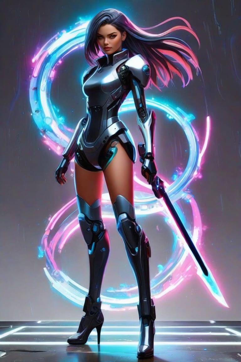 masterpiece, best quality, anime, anime style, Game character design, cyberpunk, full body, 1girl, solo, mecha, energy sword weapon, looking at viewer, gray background, FuturEvoLabMecha, FuturEvoLabGame, FuturEvoLabAnime, FuturEvoLabTaichi, FuturEvoLabCyberpunk, yin yang, taichi