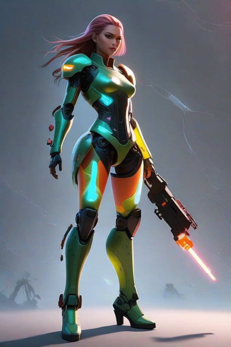 masterpiece, best quality, anime, anime style, Game character design, cyberpunk,  full body, 1girl, solo, mecha, big weapon, looking at viewer, gray background, FuturEvoLabMecha, FuturEvoLabGame, FuturEvoLabAnime