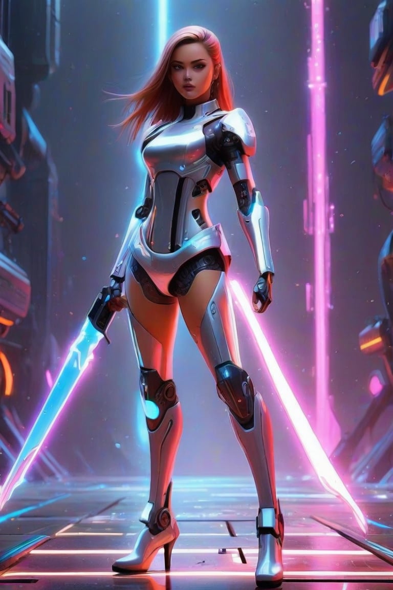 masterpiece, best quality, anime, anime style, Game character design, cyberpunk, full body, 1girl, solo, mecha, energy sword weapon, looking at viewer, gray background, FuturEvoLabMecha, FuturEvoLabGame, FuturEvoLabAnime, FuturEvoLabTaichi, FuturEvoLabCyberpunk