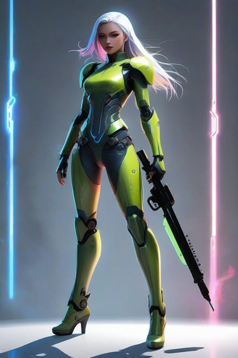 masterpiece, best quality, anime, anime style, Game character design, cyberpunk,  full body, 1girl, solo, weapon, looking at viewer, gray background, FuturEvoLabMecha, FuturEvoLabGame, FuturEvoLabAnime