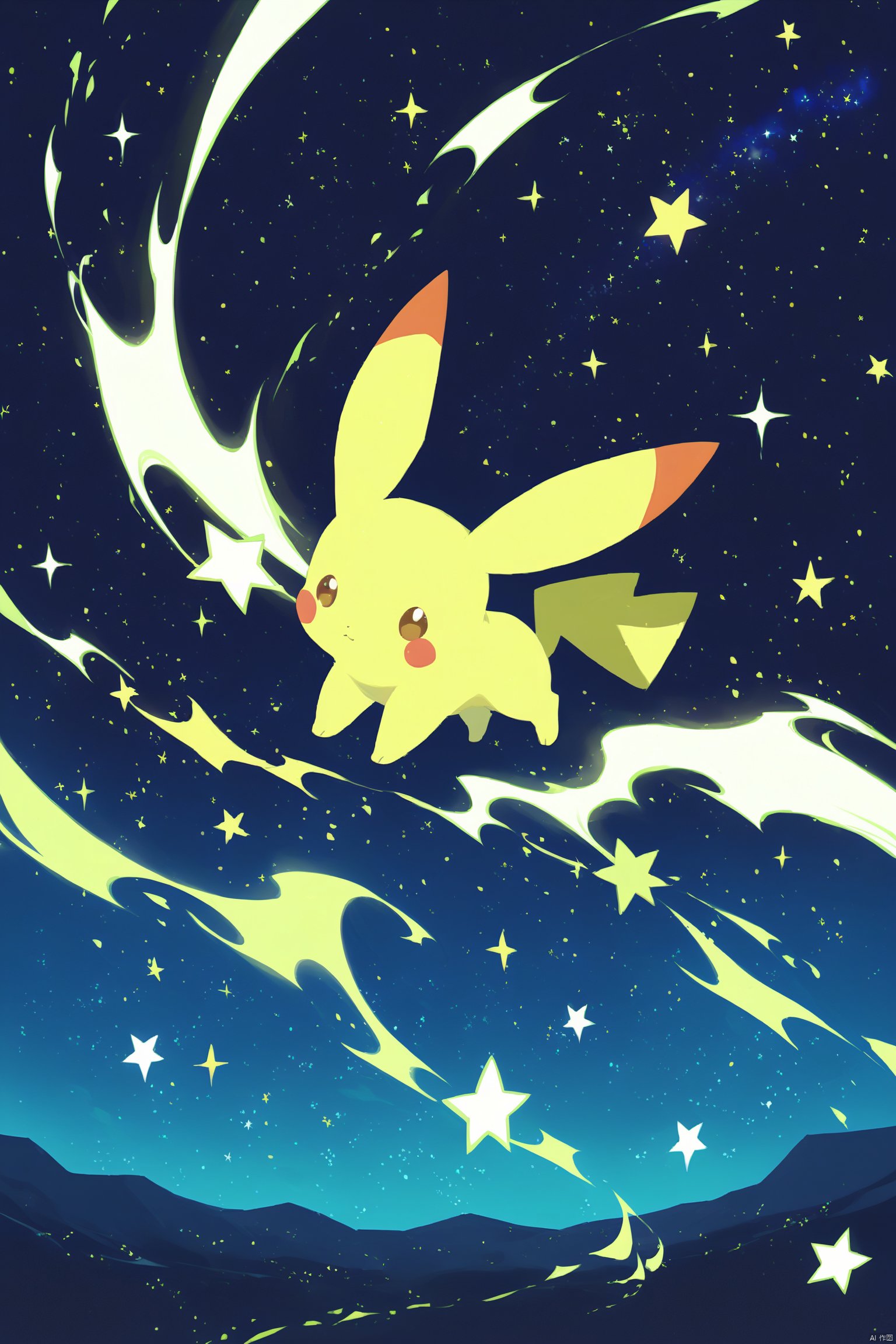 Yellow fluorescent art, starry sky, Pikachu, white silhouette, ethereal feeling, artistic sense, stars surrounding