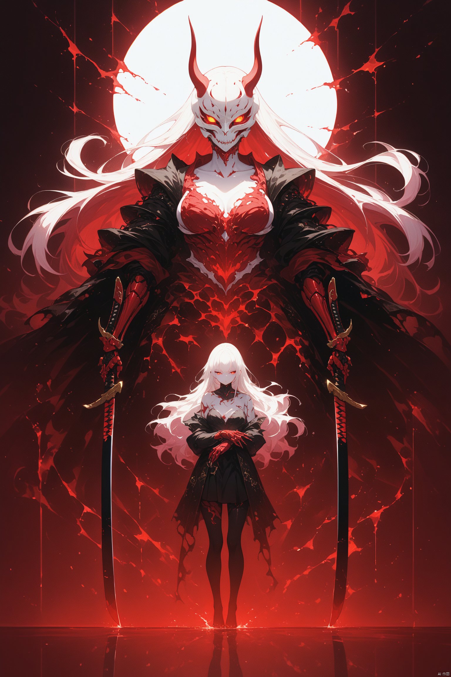 Fluorescent Art,Soul Destroyer, Hannya, a female cyborg with white long hair wearing red and black jacket wearing Hannya mask holding a katana in her hands, red background, highly detailed, ultra-high resolutions, 32K UHD, best quality, masterpiece,Melting,Q,torino,