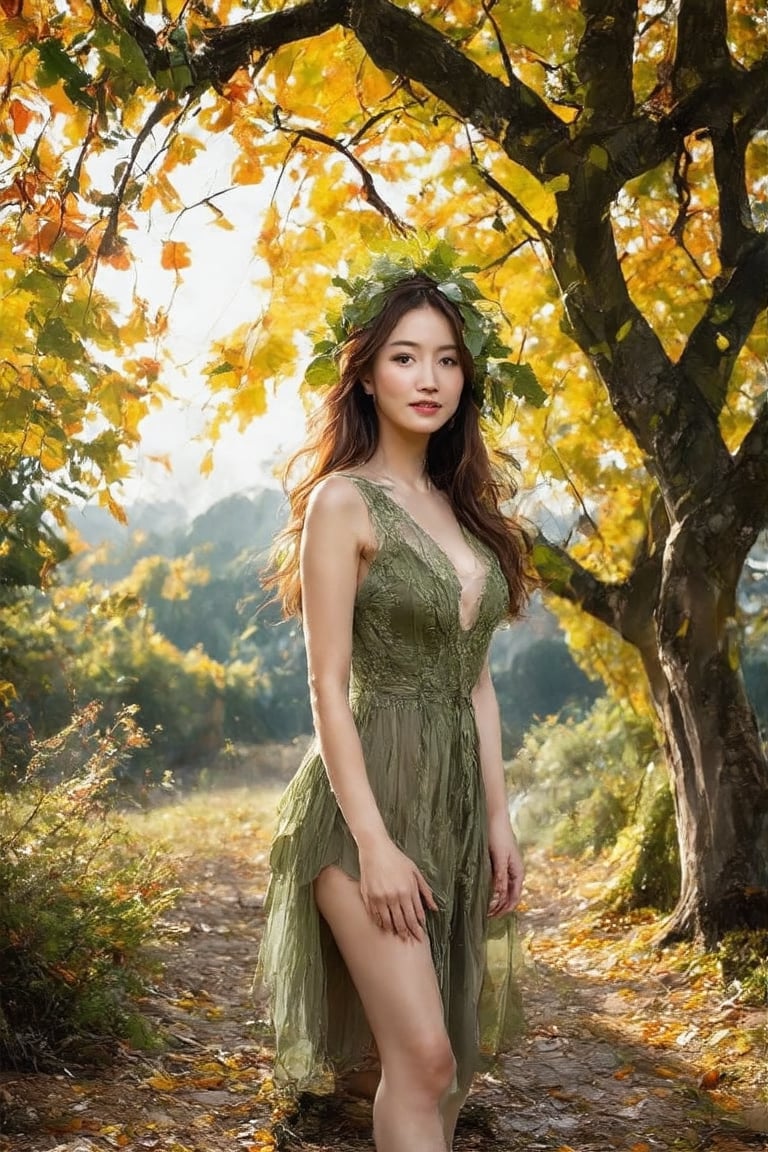 The image content is of a person, and the task is to annotate it by describing the objects and features present. The main object is the woman who is the central figure in the photograph. She is wearing a dress made of green leaves, which is a notable feature indicating either a costume or a thematic choice for the photo shoot. The background is composed of trees and foliage, suggesting that the setting is an outdoor environment, likely a forest or a wooded area. The lighting appears natural, possibly filtered through the canopy above, which adds to the serene and naturalistic feel of the image. There are no other discernible objects or individuals in the immediate vicinity, placing the focus solely on the woman and her interaction with the environment.,Autumn landscape 