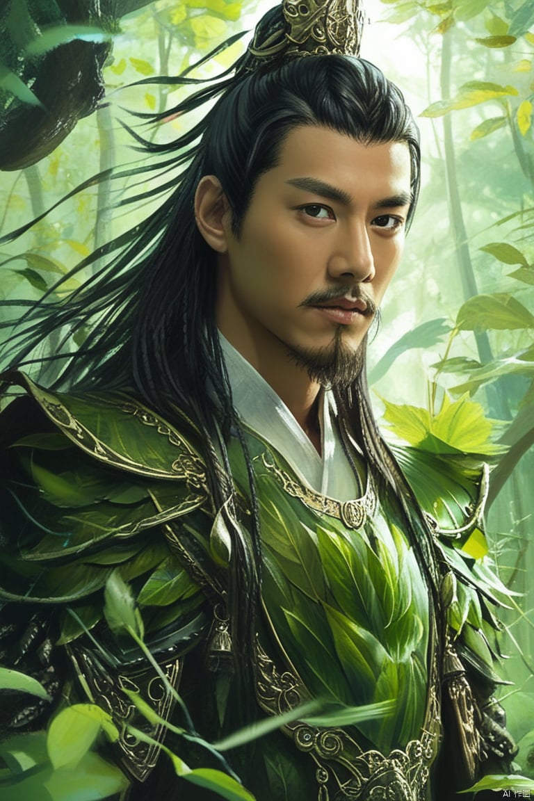 Best quality, high-definition Chinese portrait, close-up shooting, realistic style,
Full-length portrait of the forest guardian. He wears leaf-like armor and is surrounded by growing vines and jumping animals. Every detail is painted in a harmonious way, as if he is the guardian of the forest and life. Deep in the lush forest, he is like a guardian of nature and balance. The sunlight shines through the leaves and blends with the vitality of the forest, creating a refreshing green world with harmonious scenes and tranquil style.