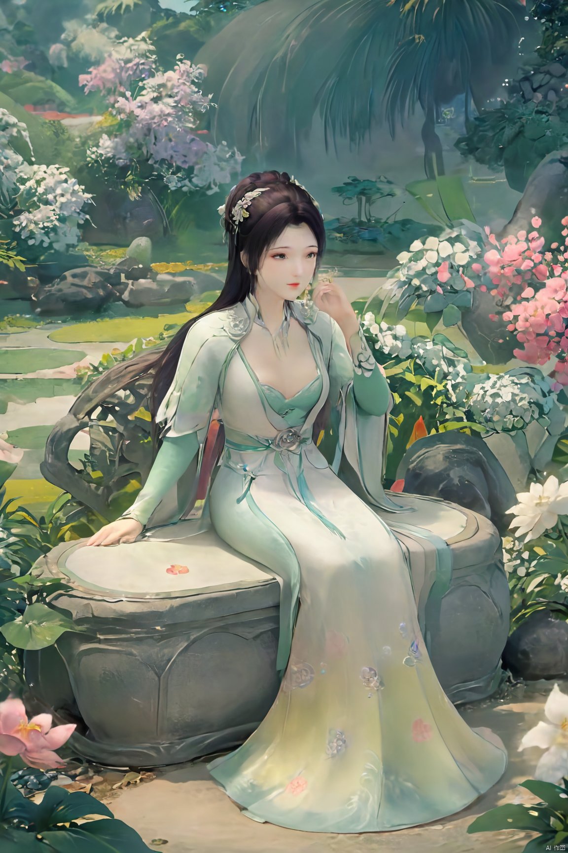 masterpiece,best quality,1girl,sitting, upper body,solo,Xyunyun,(big breasts:1.39),yuzu,ziling_xianzi,Xtianxiwei,green_theme,colorful blooming flowers,forming a dreamlike world,flower_garden,flowers everywhere,greens,pinks,