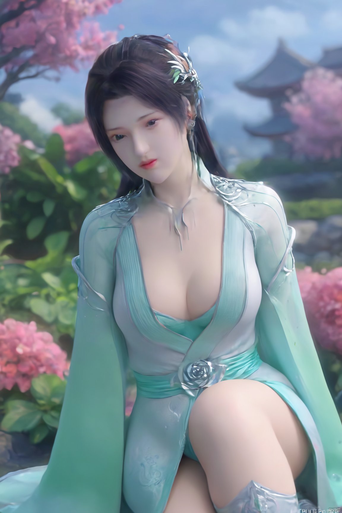 masterpiece,best quality,1girl,sitting, upper body,solo,Xyunyun,(big breasts:1.39),yuzu,ziling_xianzi,Xtianxiwei,green_theme,colorful blooming flowers,forming a dreamlike world,flower_garden,flowers everywhere,greens,pinks,