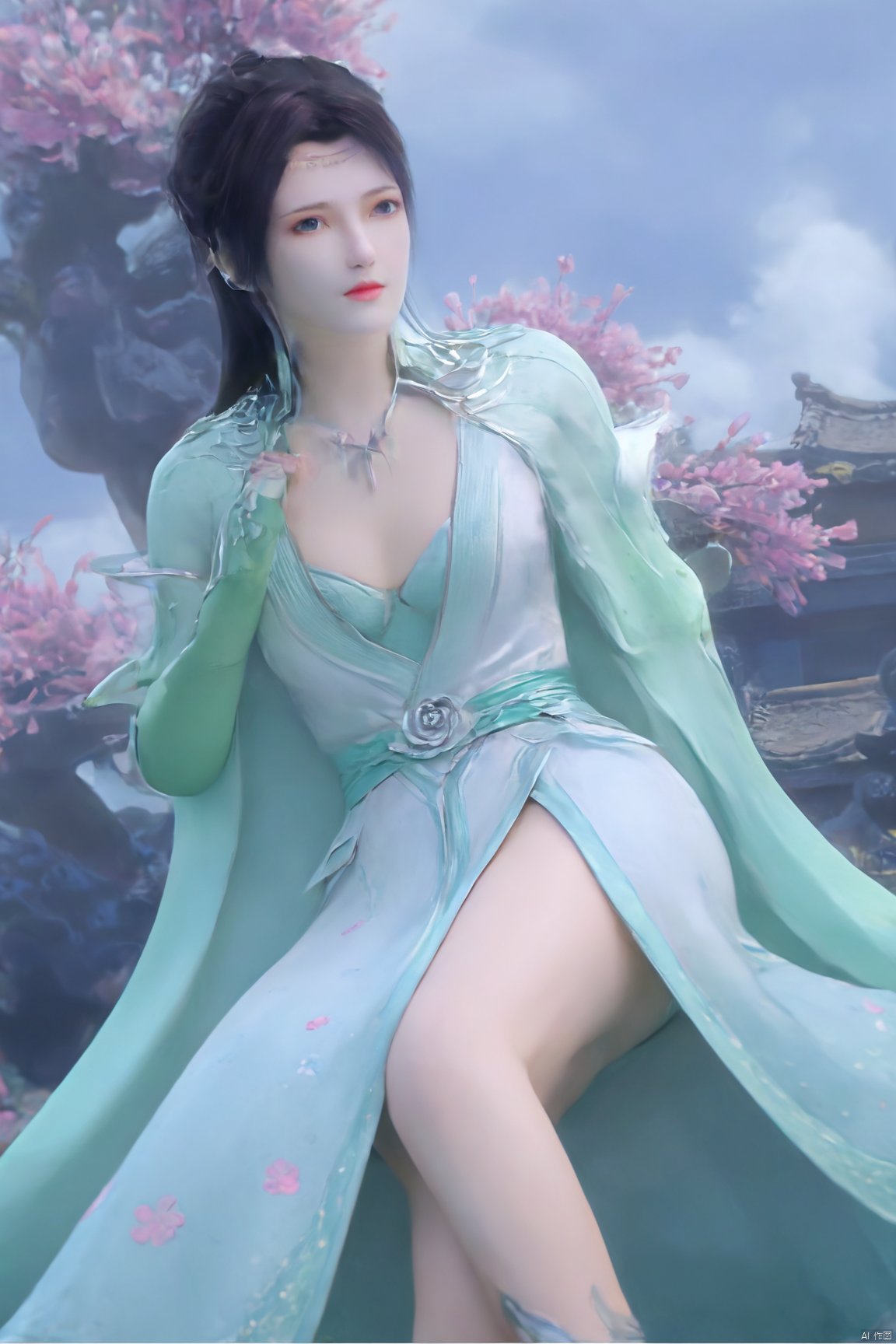 masterpiece,best quality,1girl,sitting, upper body,solo,Xyunyun,(big breasts:1.39),yuzu,ziling_xianzi,Xtianxiwei,green_theme,colorful blooming flowers,forming a dreamlike world,flower_garden,flowers everywhere,greens,pinks,