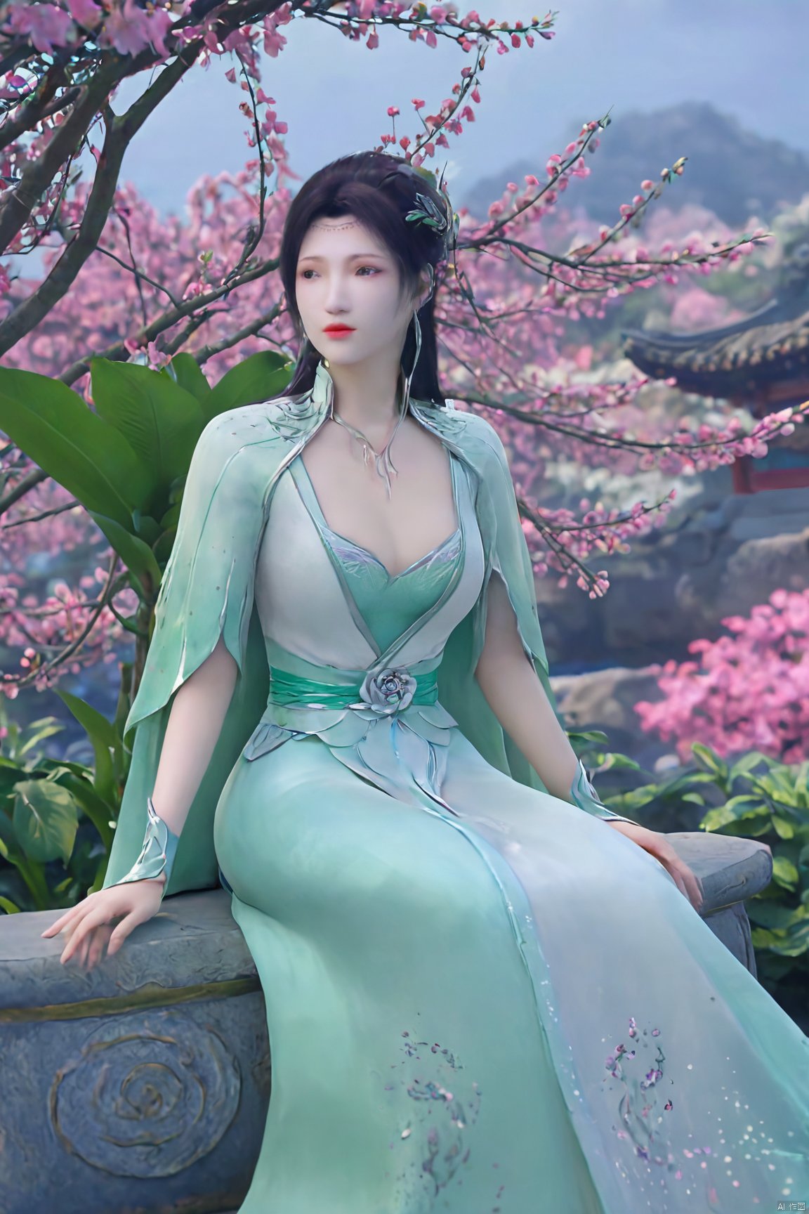 masterpiece,best quality,1girl,sitting, upper body,solo,Xyunyun,(big breasts:1.39),yuzu,ziling_xianzi,Xtianxiwei,green_theme,colorful blooming flowers,forming a dreamlike world,flower_garden,flowers everywhere,greens,pinks,