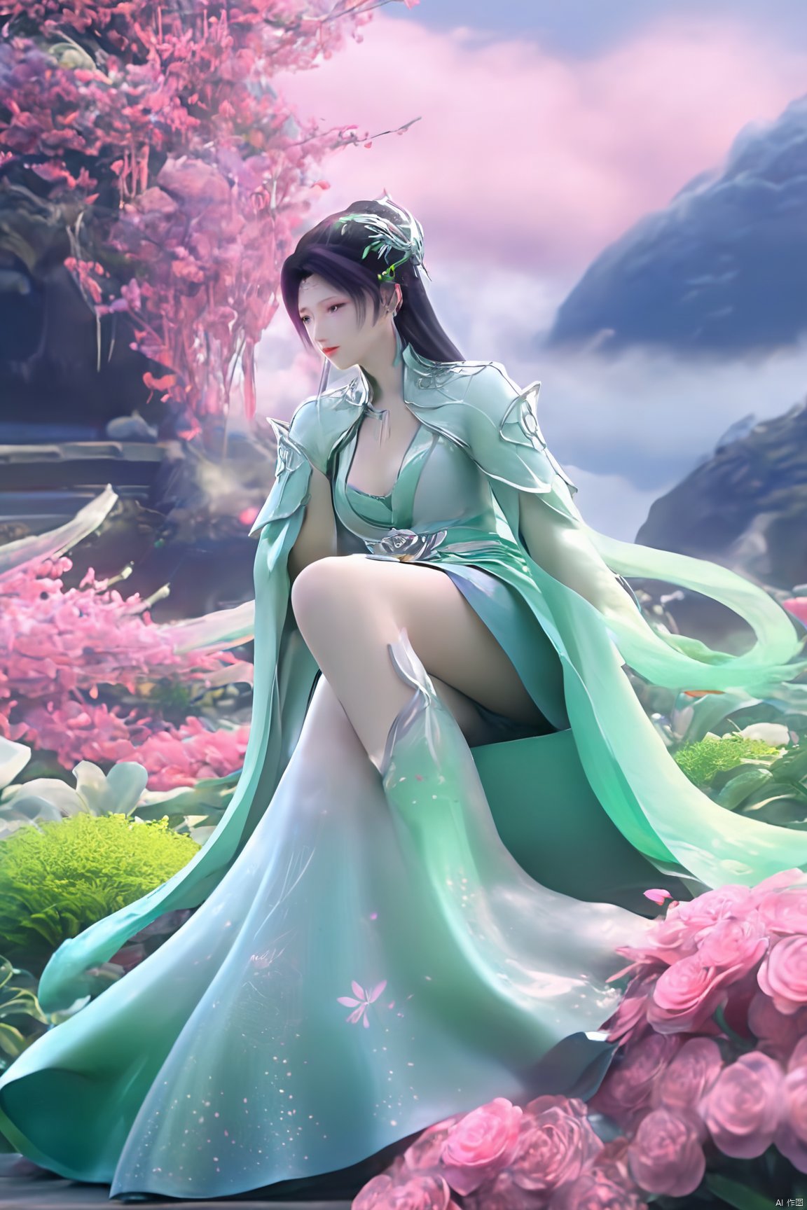 masterpiece,best quality,1girl,sitting, upper body,solo,Xyunyun,(big breasts:1.39),yuzu,ziling_xianzi,Xtianxiwei,green_theme,colorful blooming flowers,forming a dreamlike world,flower_garden,flowers everywhere,greens,pinks,