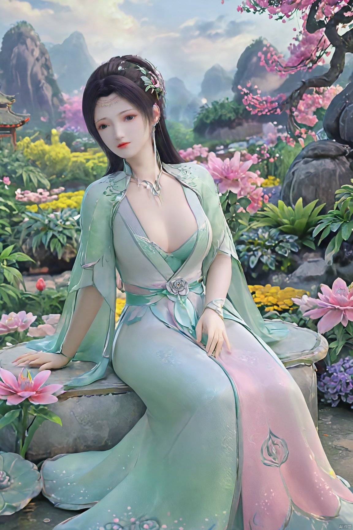 masterpiece,best quality,1girl,sitting, upper body,solo,Xyunyun,(big breasts:1.39),yuzu,ziling_xianzi,Xtianxiwei,green_theme,colorful blooming flowers,forming a dreamlike world,flower_garden,flowers everywhere,greens,pinks,