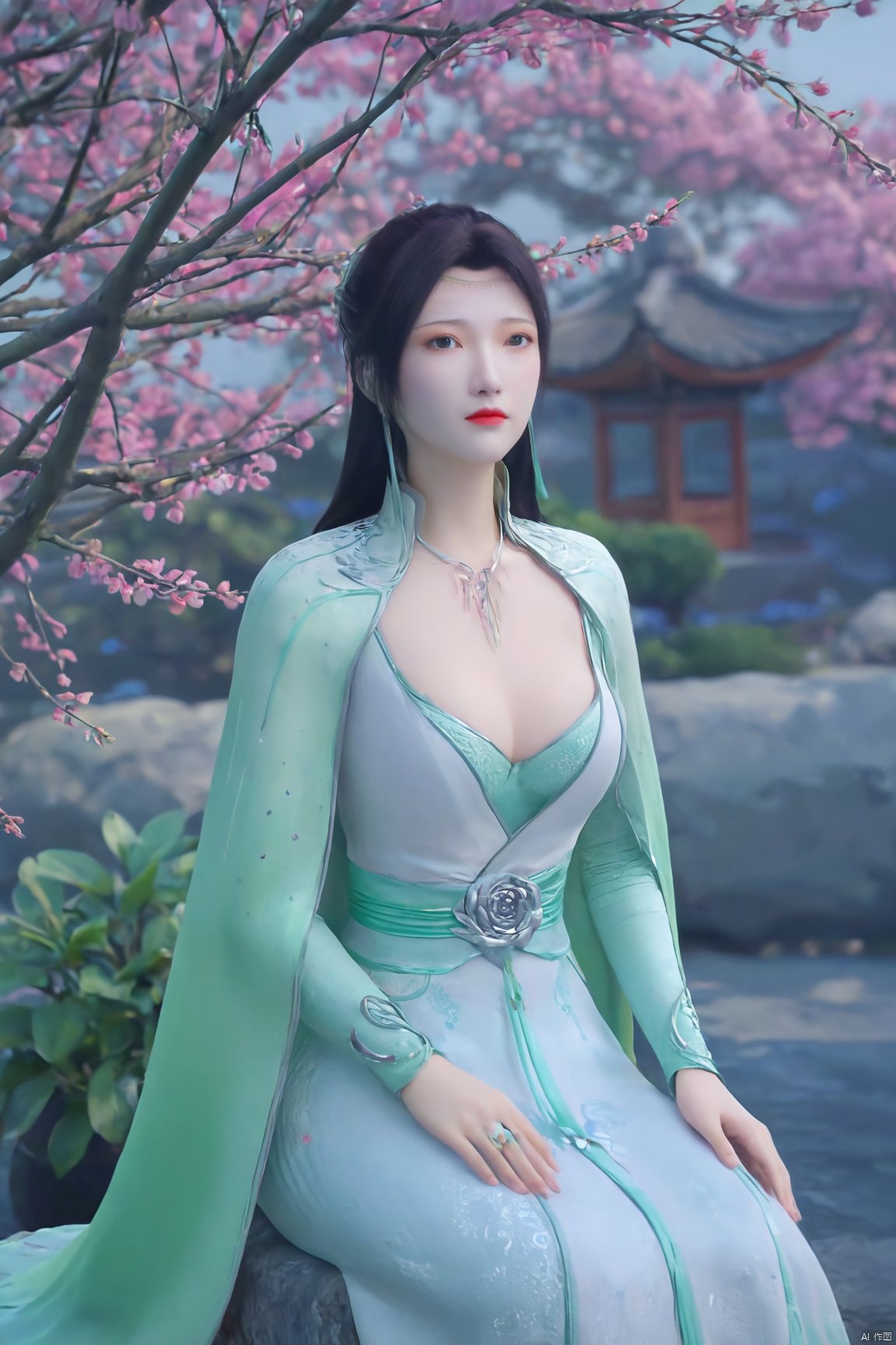 masterpiece,best quality,1girl,sitting, upper body,solo,Xyunyun,(big breasts:1.39),yuzu,ziling_xianzi,Xtianxiwei,green_theme,colorful blooming flowers,forming a dreamlike world,flower_garden,flowers everywhere,greens,pinks,