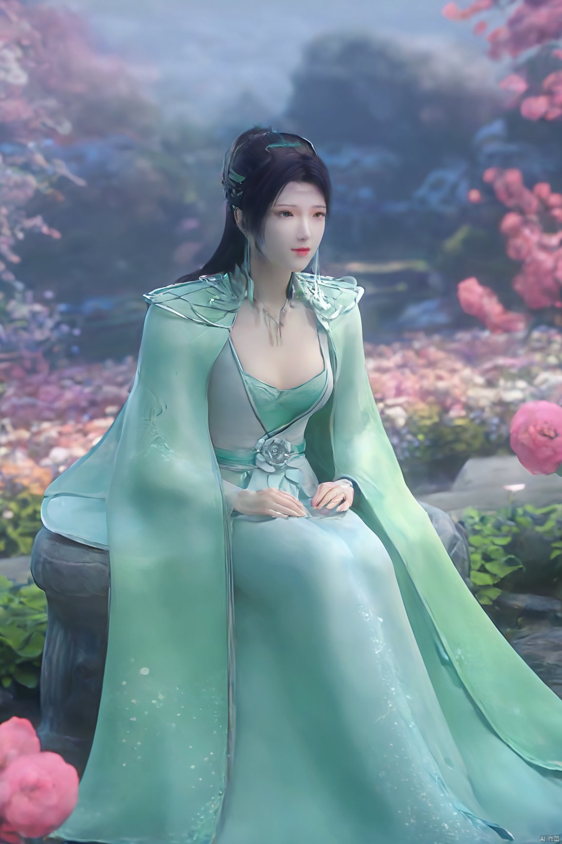 masterpiece,best quality,1girl,sitting, upper body,solo,Xyunyun,(big breasts:1.39),yuzu,ziling_xianzi,Xtianxiwei,green_theme,colorful blooming flowers,forming a dreamlike world,flower_garden,flowers everywhere,greens,pinks,