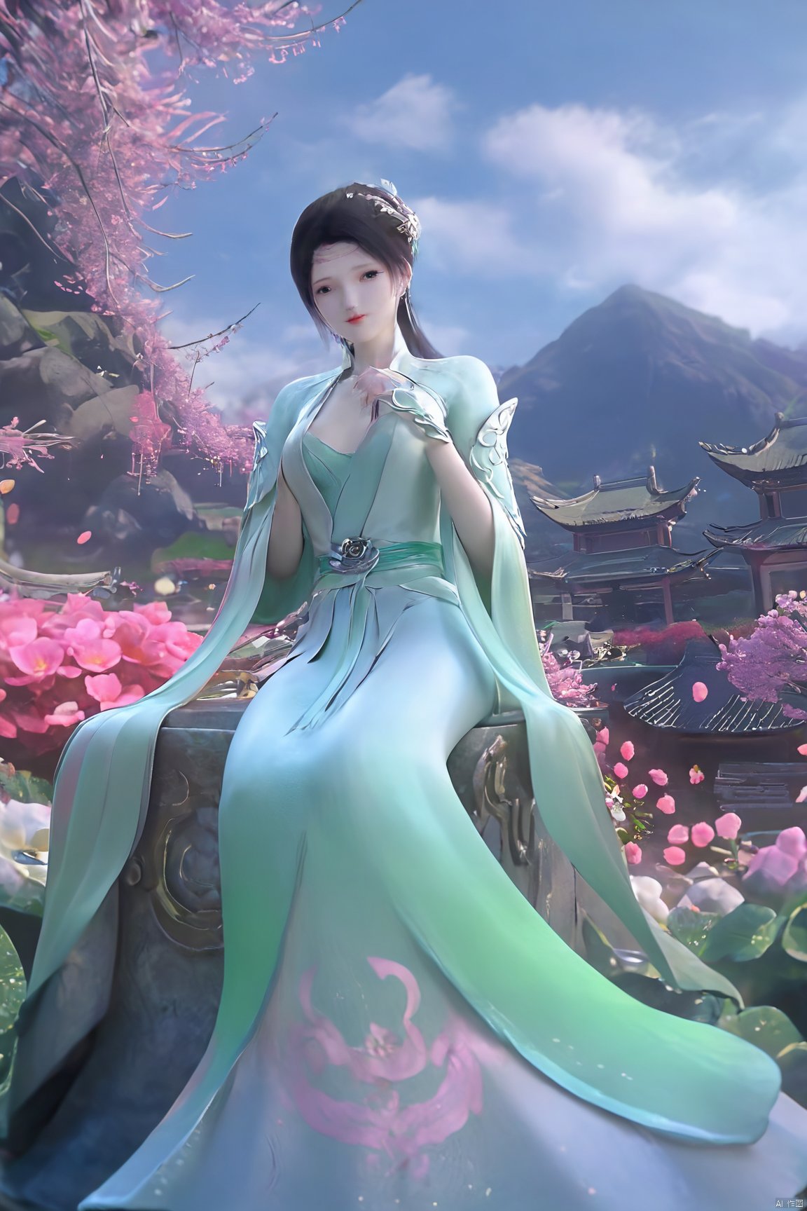 masterpiece,best quality,1girl,sitting, upper body,solo,Xyunyun,(big breasts:1.39),yuzu,ziling_xianzi,Xtianxiwei,green_theme,colorful blooming flowers,forming a dreamlike world,flower_garden,flowers everywhere,greens,pinks,