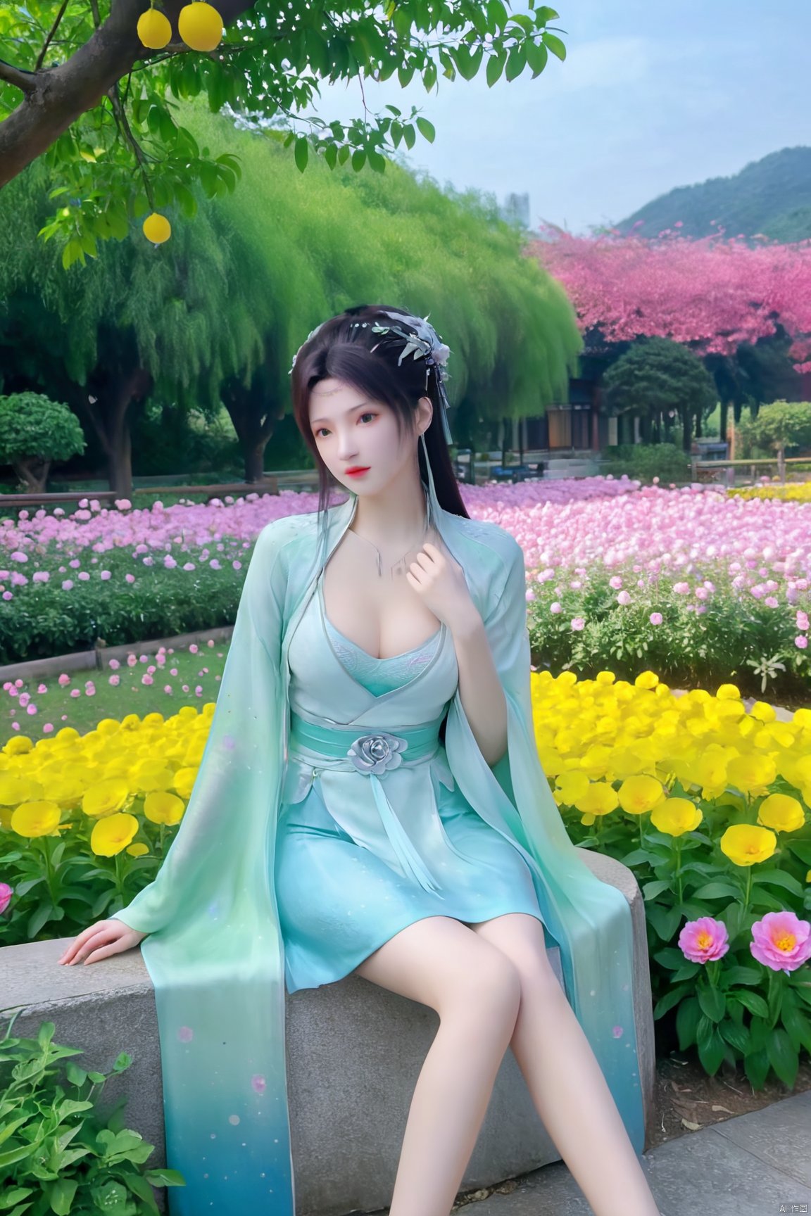 masterpiece,best quality,1girl,sitting, upper body,solo,Xyunyun,(big breasts:1.39),yuzu,ziling_xianzi,Xtianxiwei,green_theme,colorful blooming flowers,forming a dreamlike world,flower_garden,flowers everywhere,greens,pinks,