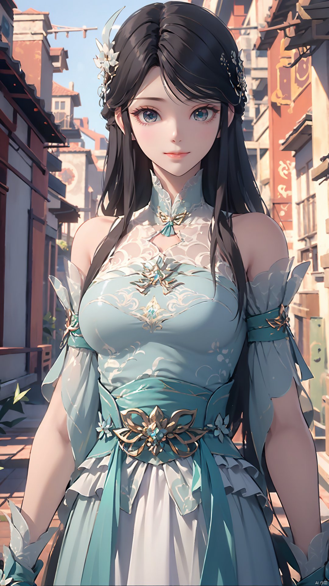 1girl, hair ornament, dress, solo, long hair, green dress, mischevious smile, perfect body, scenery, sharp focus, best quality, masterpiece, detailed outfit, illustration, perfect eyes, finely detailed beautiful anime eyes, realistic skin, intricate details, best lighting, depth of field, ultra high resolution,cowboy_shot, dynamic pose, dynamic angle,