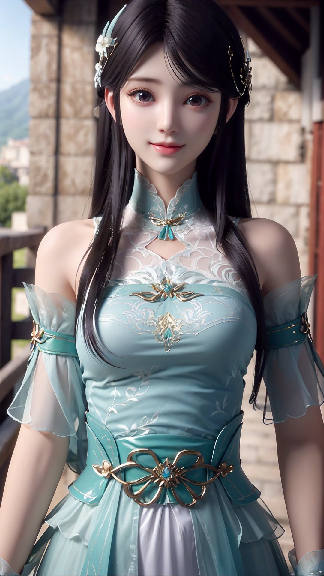 1girl, hair ornament, dress, solo, long hair, green dress, mischevious smile, perfect body, scenery, sharp focus, best quality, masterpiece, detailed outfit, illustration, perfect eyes, finely detailed beautiful anime eyes, realistic skin, intricate details, best lighting, depth of field, ultra high resolution,cowboy_shot, dynamic pose, dynamic angle,