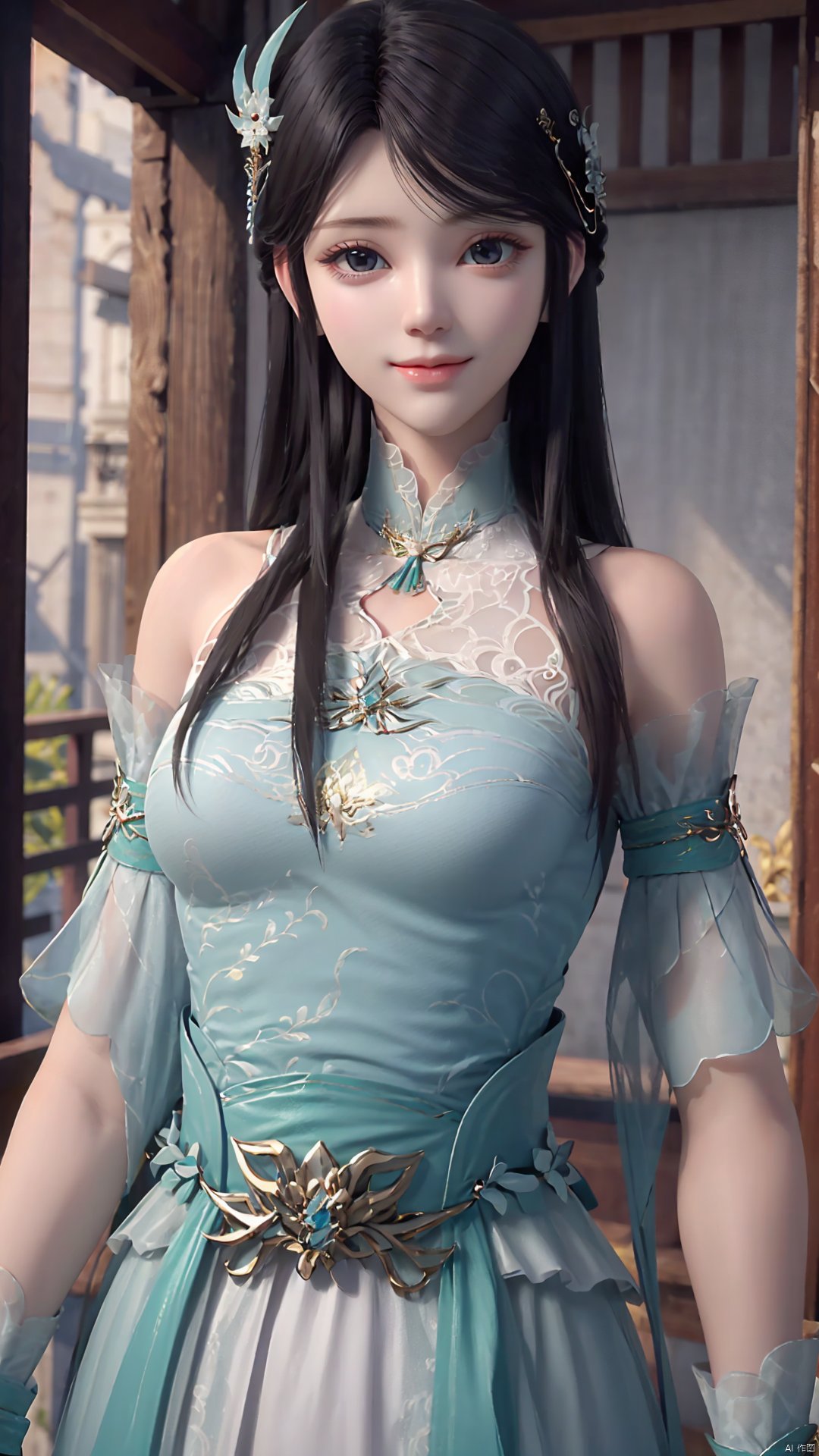 1girl, hair ornament, dress, solo, long hair, green dress, mischevious smile, perfect body, scenery, sharp focus, best quality, masterpiece, detailed outfit, illustration, perfect eyes, finely detailed beautiful anime eyes, realistic skin, intricate details, best lighting, depth of field, ultra high resolution,cowboy_shot, dynamic pose, dynamic angle,