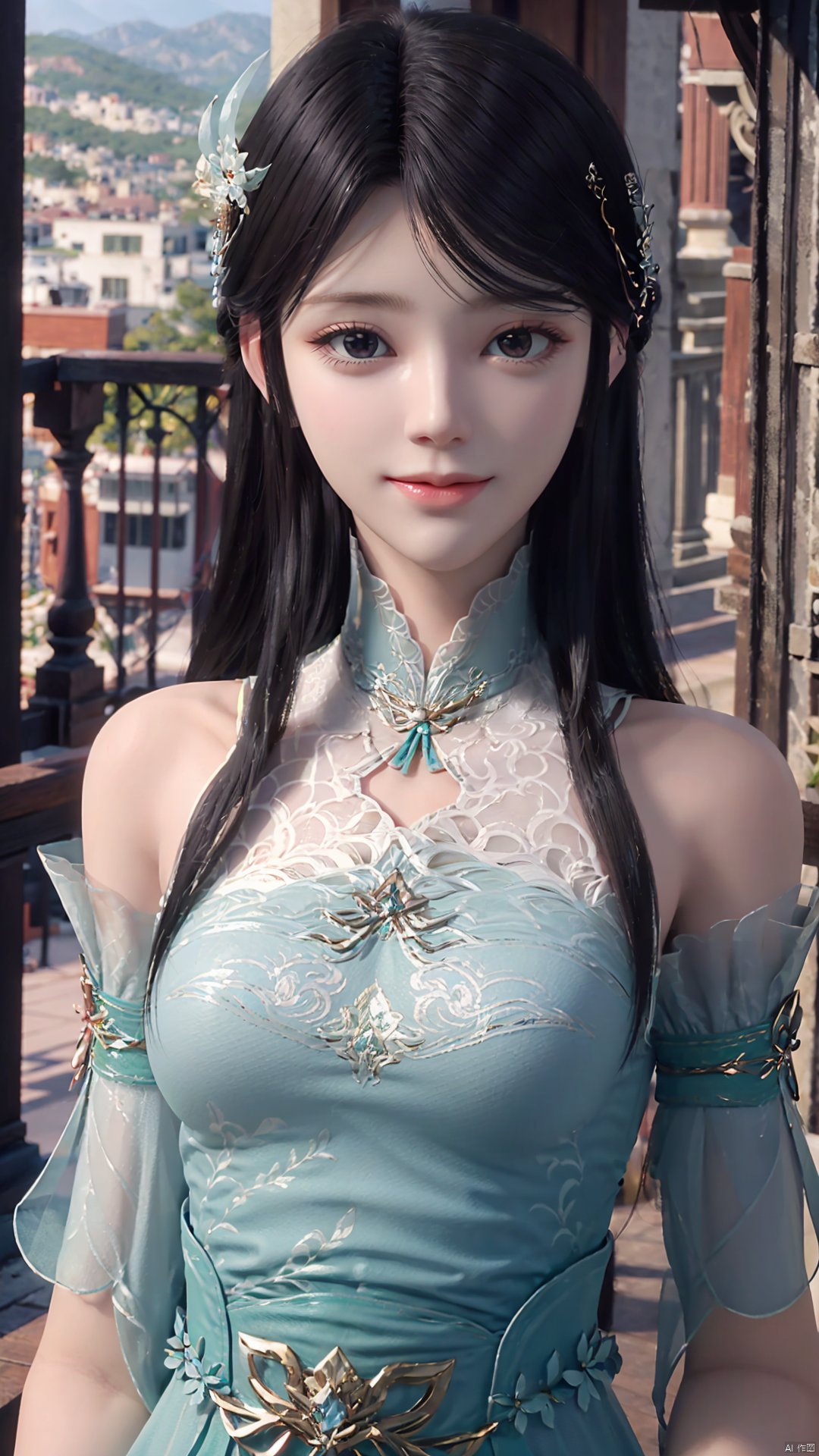 1girl, hair ornament, dress, solo, long hair, green dress, mischevious smile, perfect body, scenery, sharp focus, best quality, masterpiece, detailed outfit, illustration, perfect eyes, finely detailed beautiful anime eyes, realistic skin, intricate details, best lighting, depth of field, ultra high resolution,cowboy_shot, dynamic pose, dynamic angle,