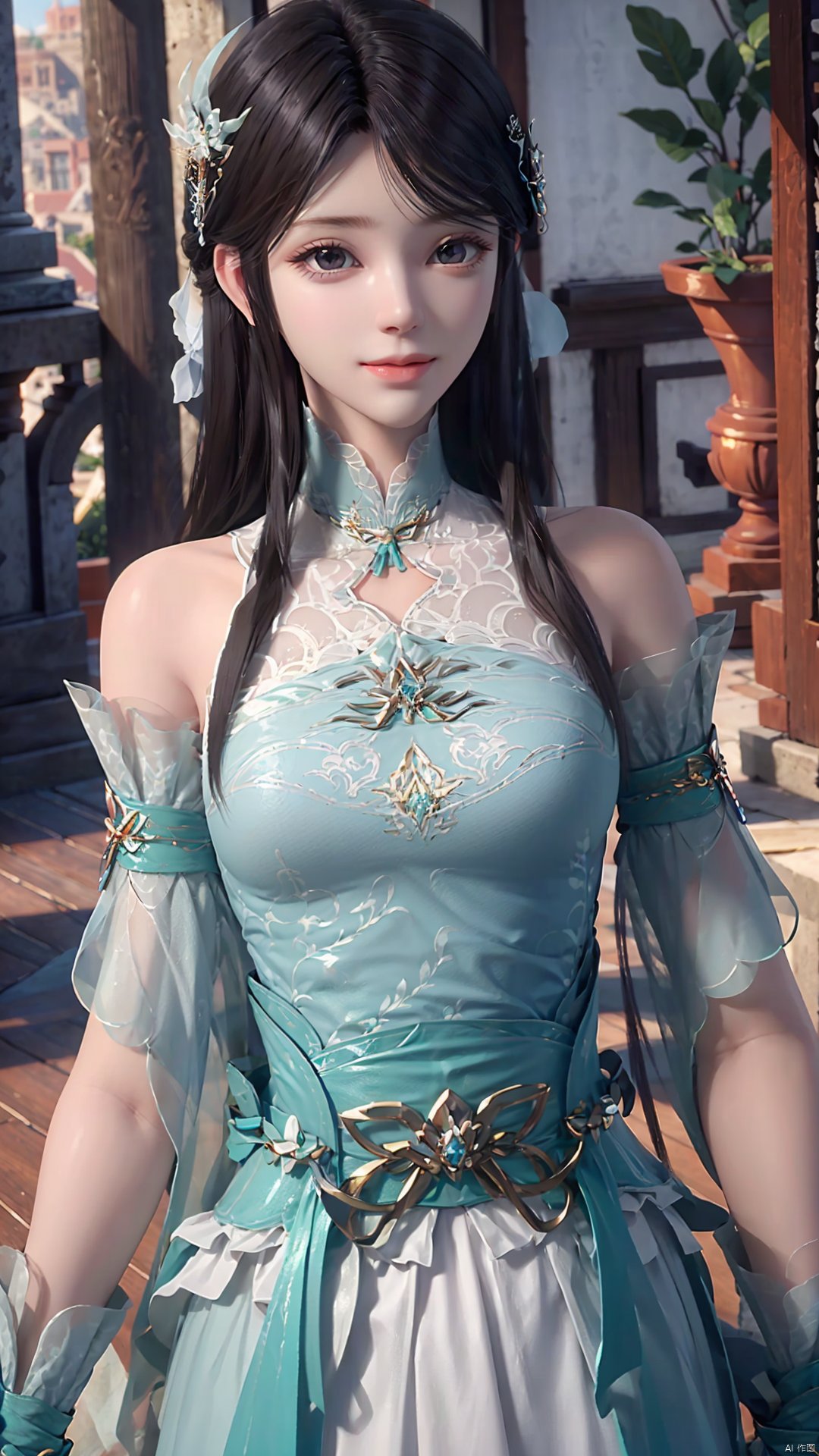 1girl, hair ornament, dress, solo, long hair, green dress, mischevious smile, perfect body, scenery, sharp focus, best quality, masterpiece, detailed outfit, illustration, perfect eyes, finely detailed beautiful anime eyes, realistic skin, intricate details, best lighting, depth of field, ultra high resolution,cowboy_shot, dynamic pose, dynamic angle,