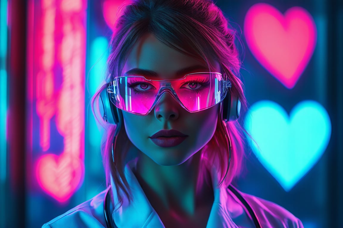 Detailed, masterpiece, professional, bold colors, awe inspiring, retrowave neon cyberpunk nurse, clear details, double exposure of hearts