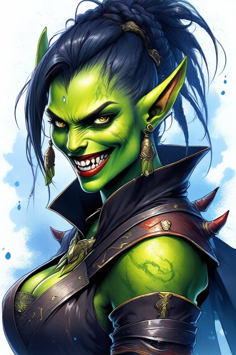 Beautiful girl, orc girl. She is very badass, she wears a very luxurious outfit. detailed image, detailed skin, upper body, looking at viewer. White background, ((masterpiece: 1.2)), light particles, ink droplets in background, Anime style, ((green skin)), 2 fangs,
